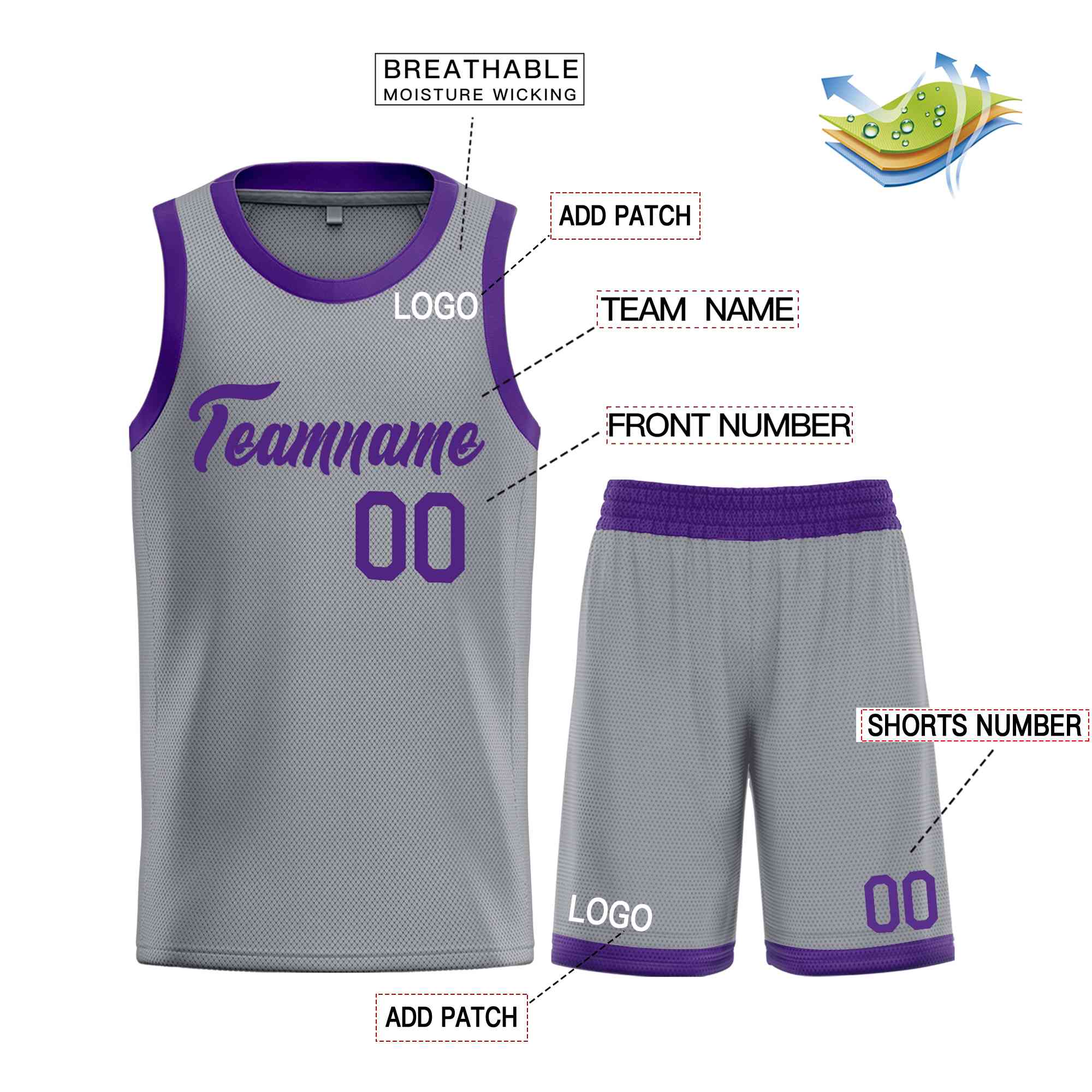 Uniforme de sport de guérison violet gris foncé personnalisé, ensembles classiques, maillot de basket-ball