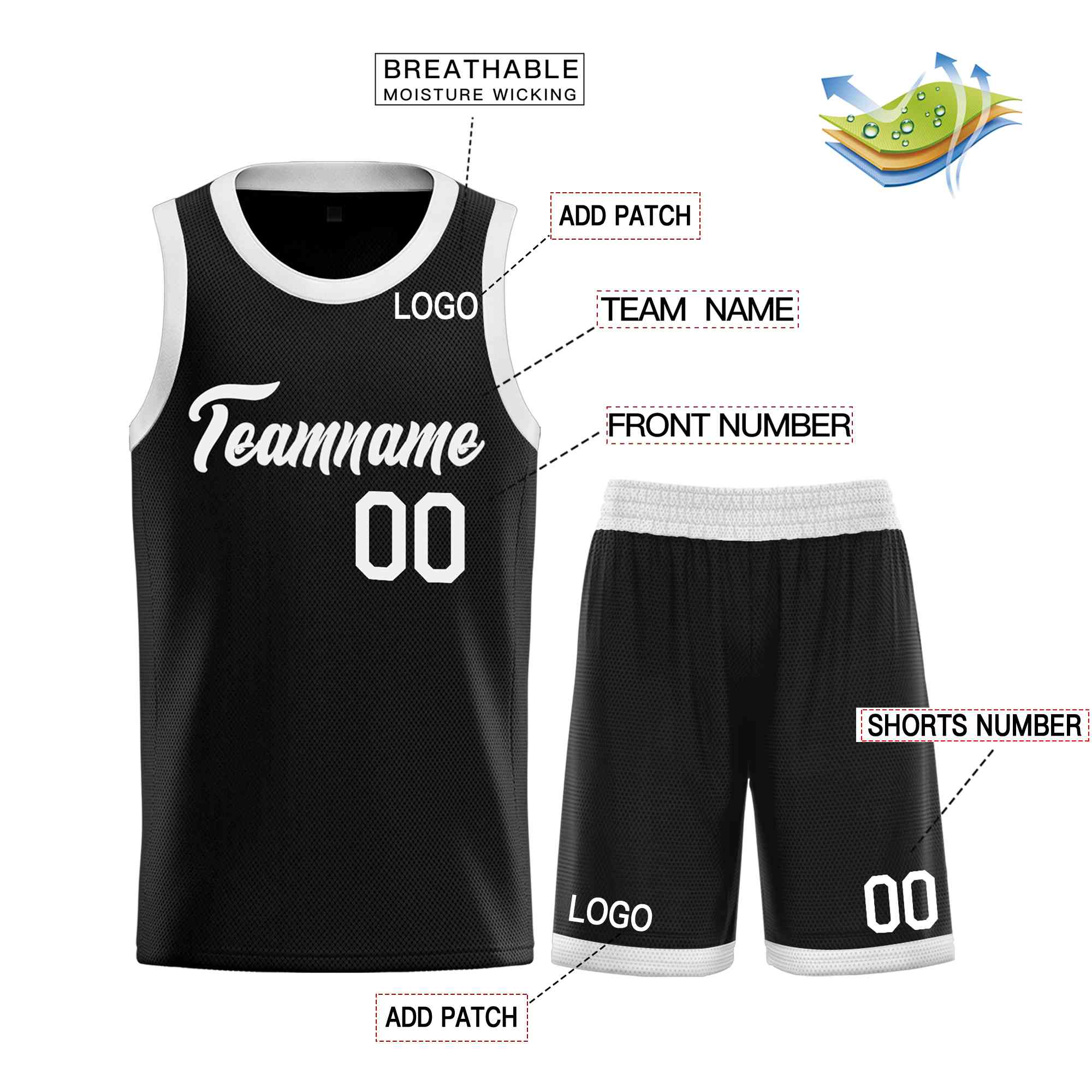 Uniforme de sport de guérison blanc noir personnalisé, ensembles classiques de maillot de basket-ball