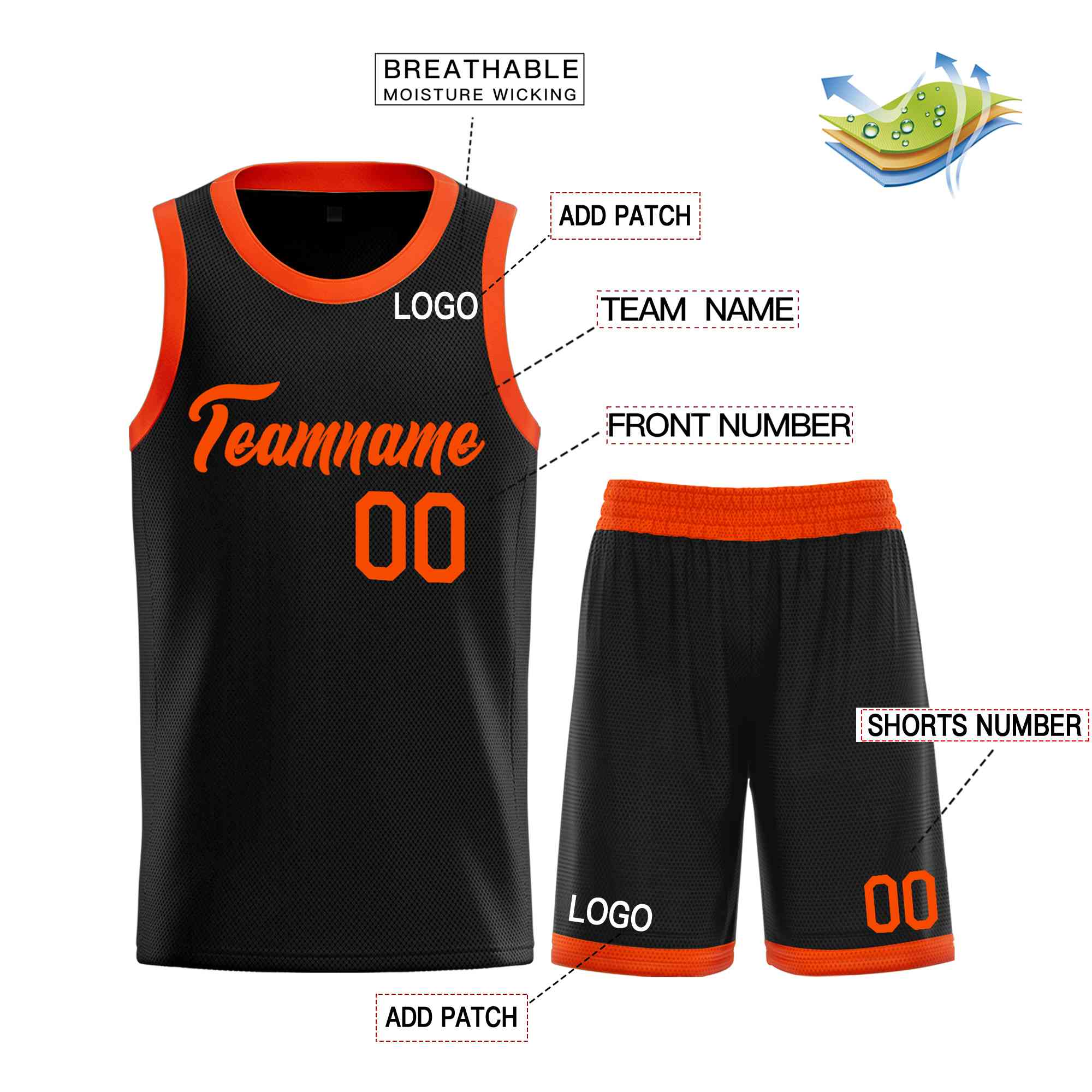 Uniforme de sport de guérison Orange noir personnalisé, ensembles classiques de maillot de basket-ball