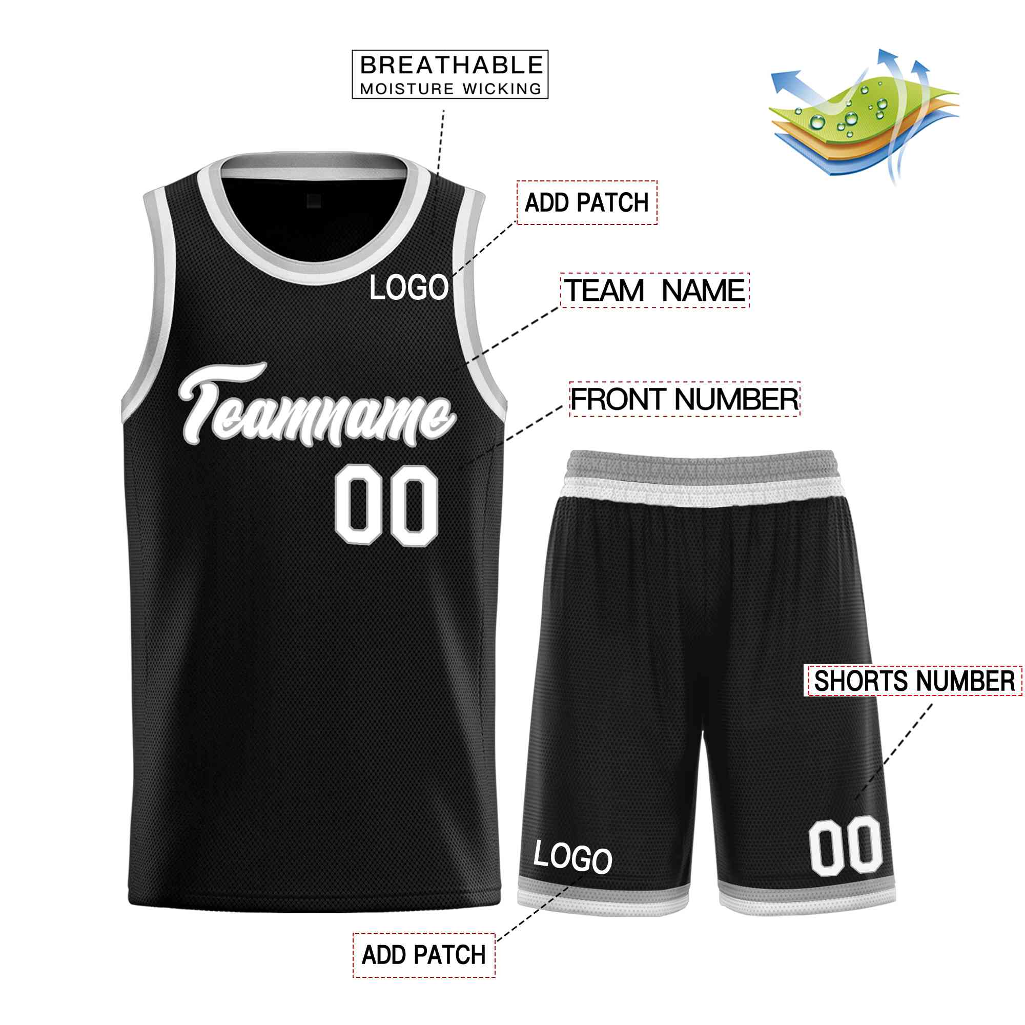 Custom Black White Heal Sports Uniform Classic Sets Basketball Jersey