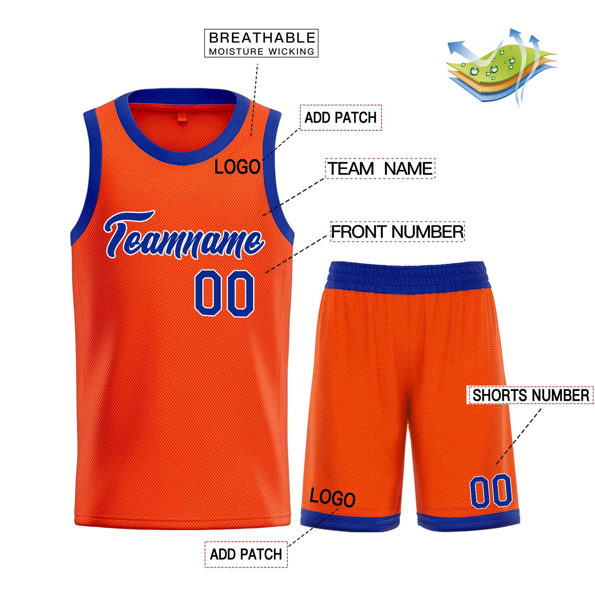 Uniforme de sport de guérison Orange Royal-blanc personnalisé, ensembles classiques, maillot de basket-ball