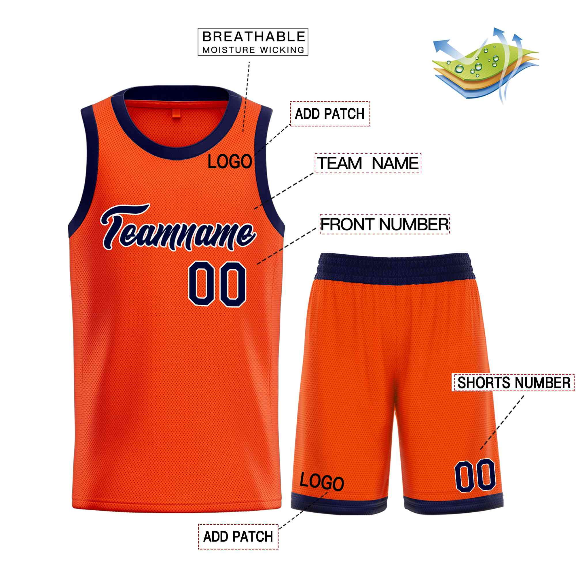 Uniforme de sport personnalisé Orange marine-blanc, ensembles classiques de basket-ball, maillot de basket-ball