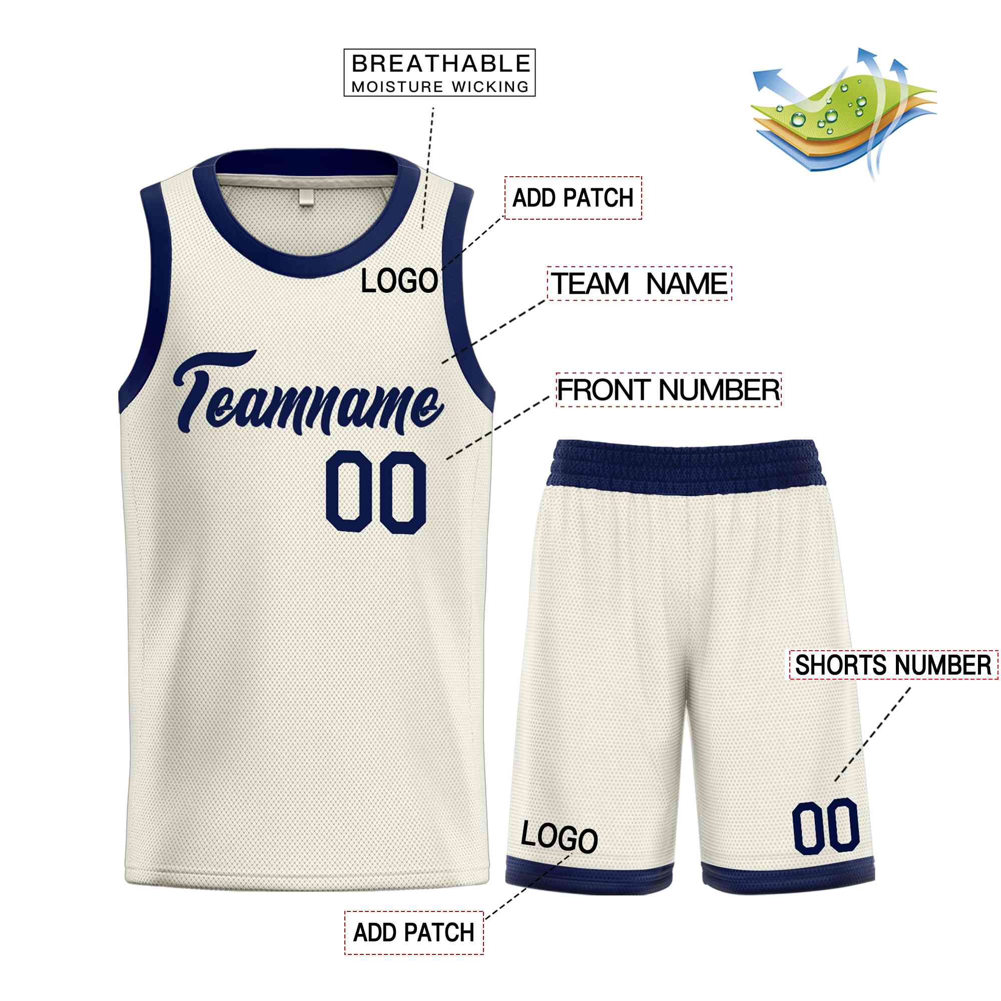 Uniforme de sport personnalisé crème marine, ensembles classiques de basket-ball, maillot de basket-ball