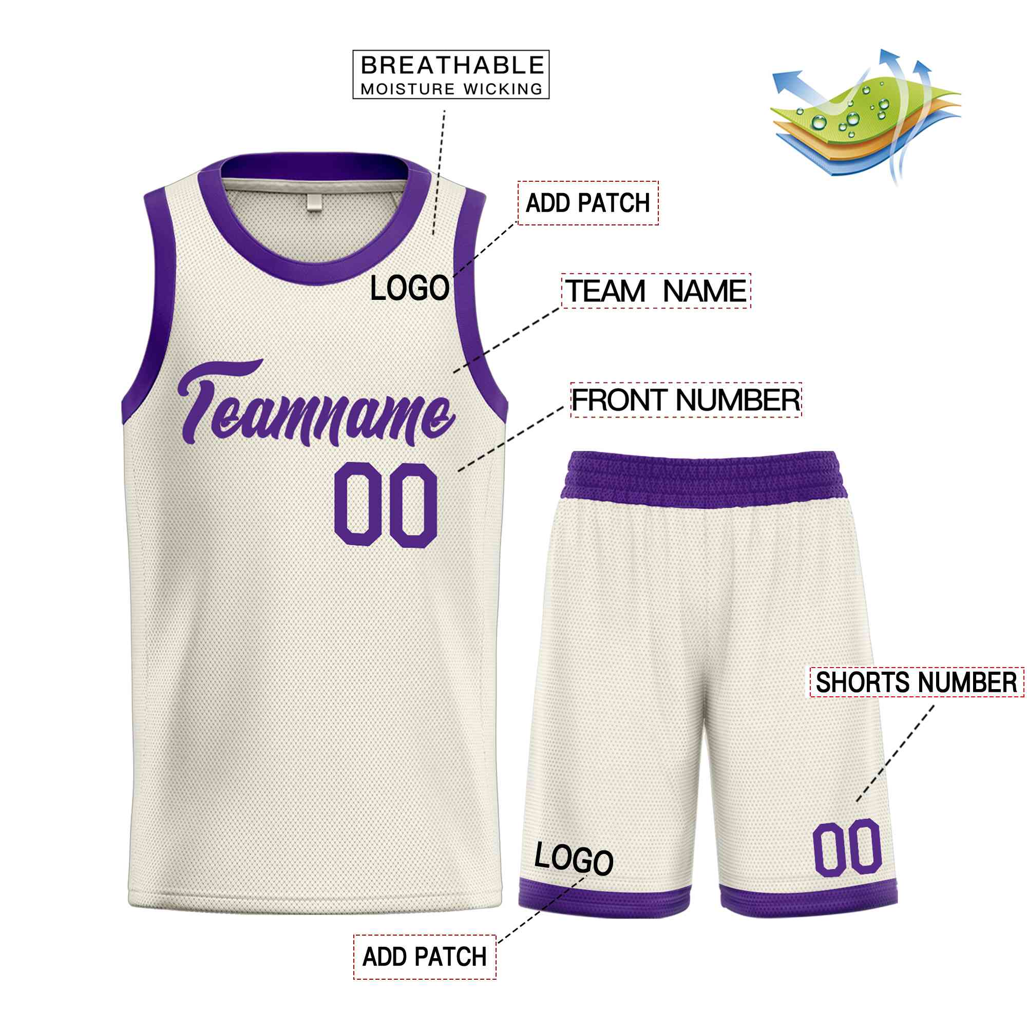 Uniforme de sport de guérison violet crème personnalisé, ensembles classiques, maillot de basket-ball