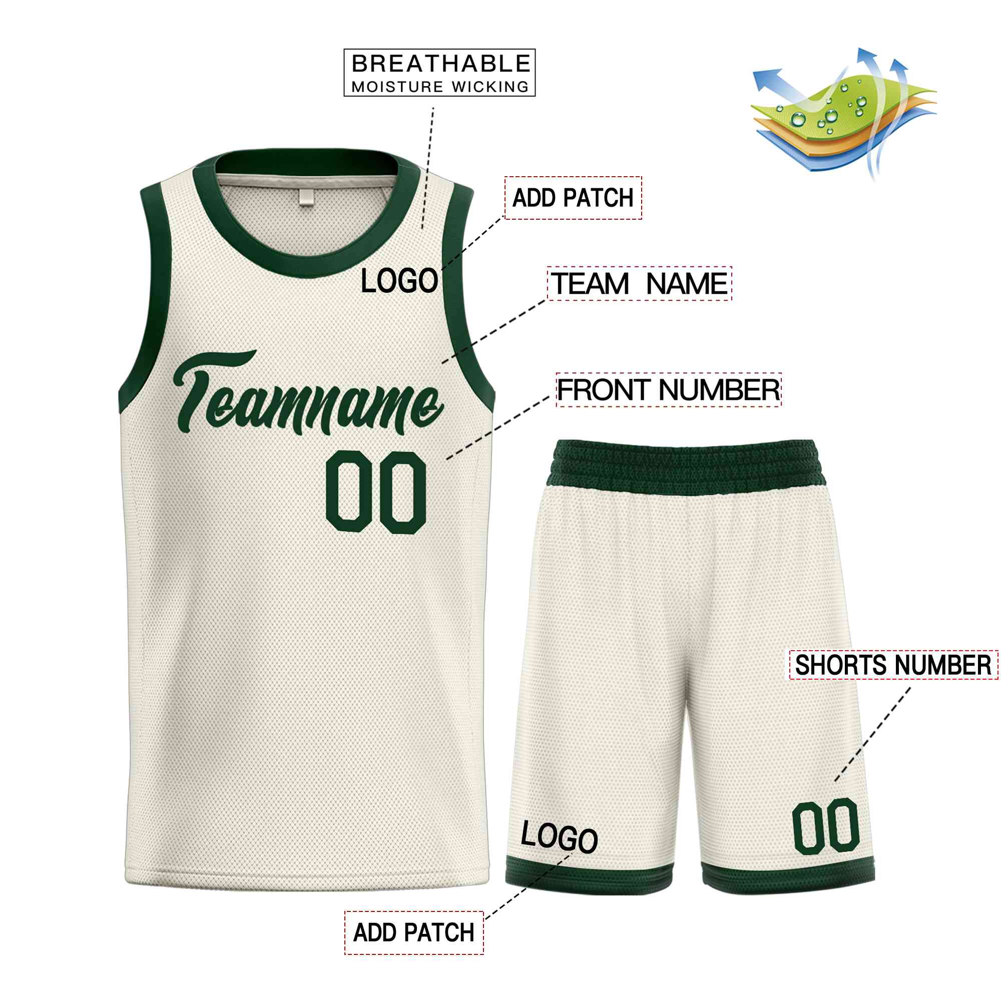 Uniforme de sport de guérison vert chasseur de crème personnalisé, ensembles classiques, maillot de basket-ball