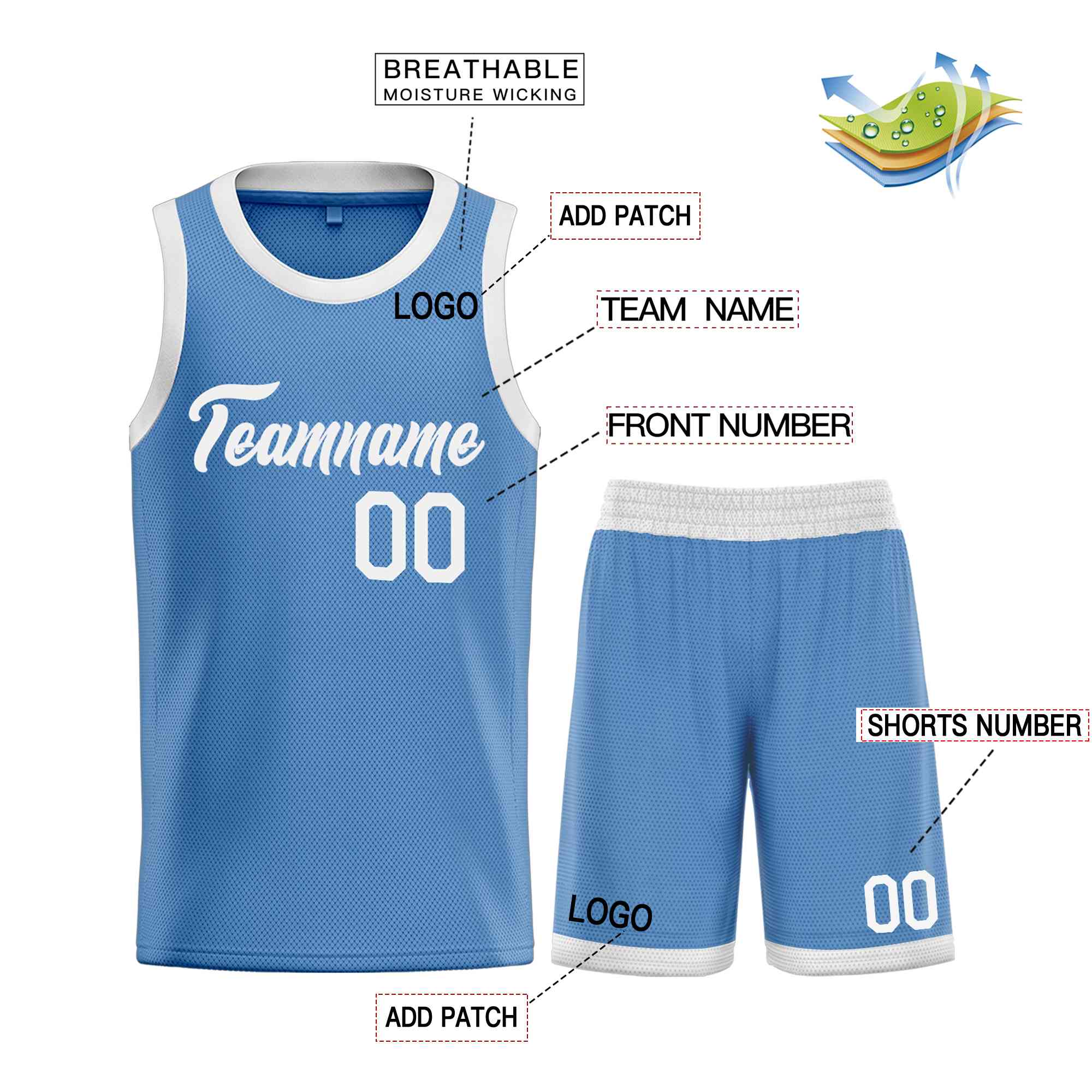 Uniforme de sport de guérison blanc bleu clair personnalisé, ensembles classiques de maillot de basket-ball