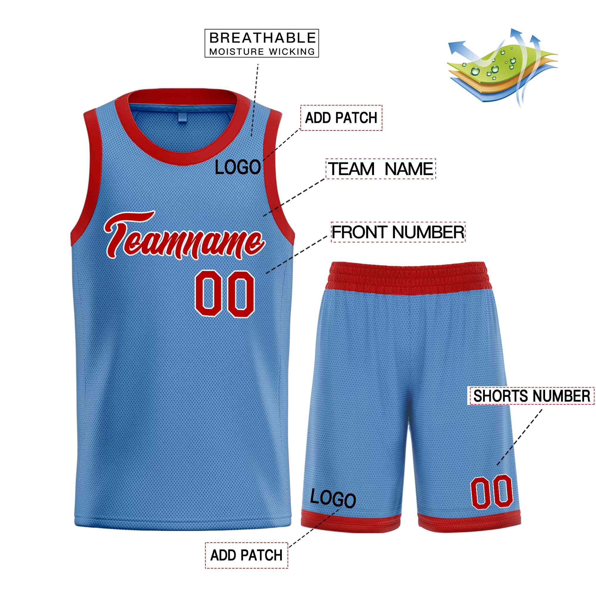 Custom Light Blue Red-White Heal Sports Uniform Classic Sets Basketball Jersey