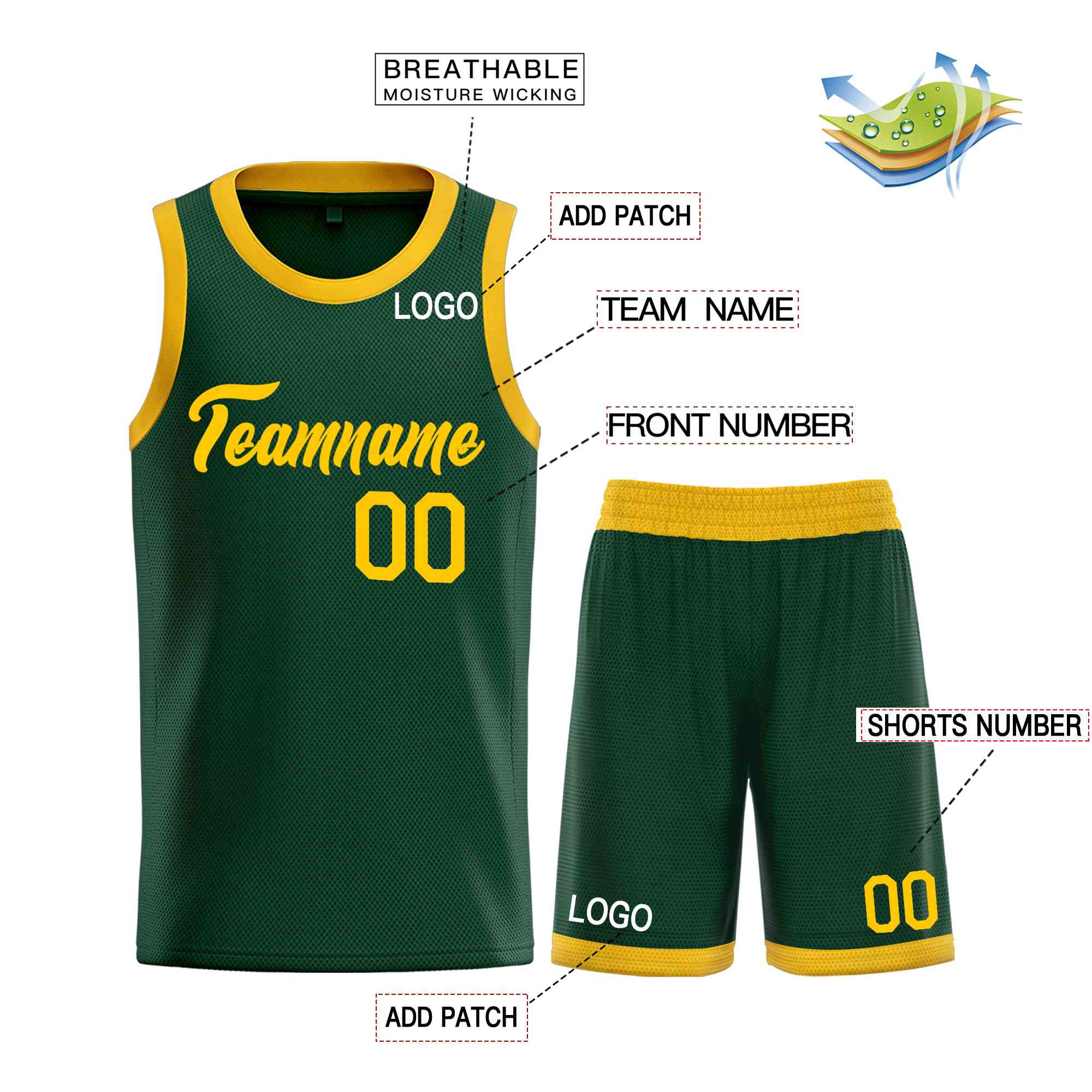 Custom Hunter Green Yellow Heal Sports Uniform Classic Sets Basketball Jersey