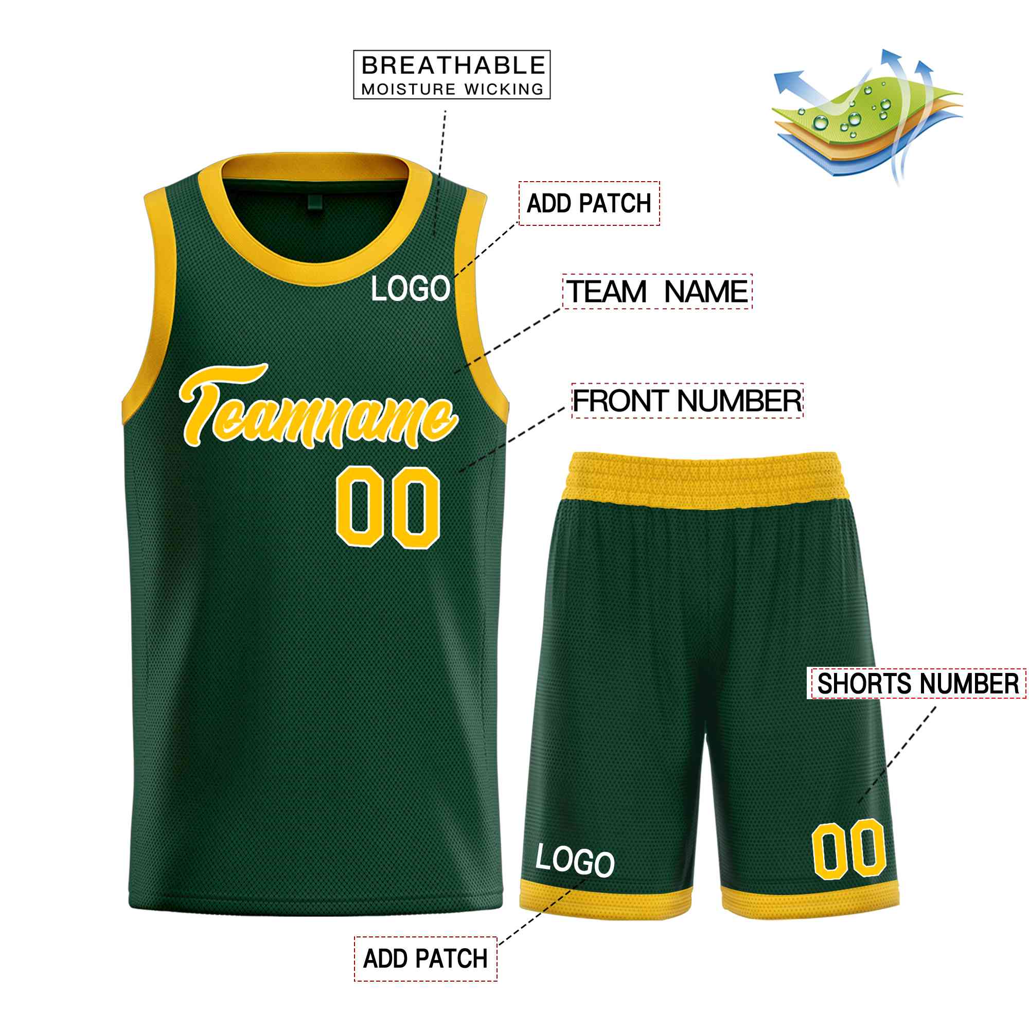 Uniforme de sport de guérison personnalisé vert jaune-blanc, ensembles classiques, maillot de basket-ball