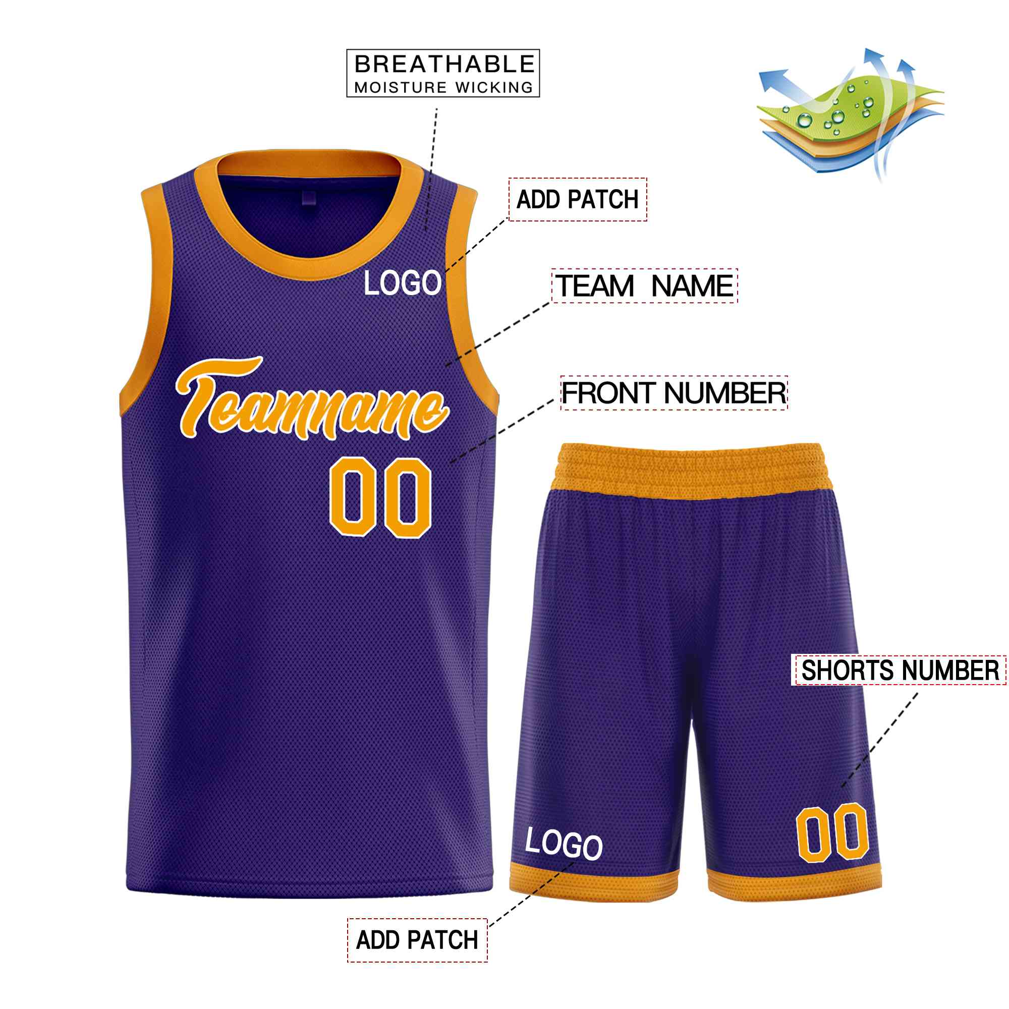 Custom Purple Yellow-White Heal Sports Uniform Classic Sets Basketball Jersey