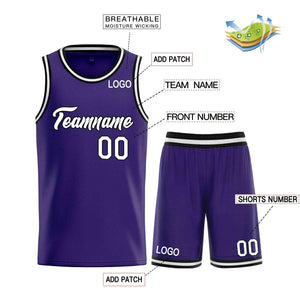 Uniforme de sport de guérison personnalisé violet blanc-noir, ensembles classiques, maillot de basket-ball