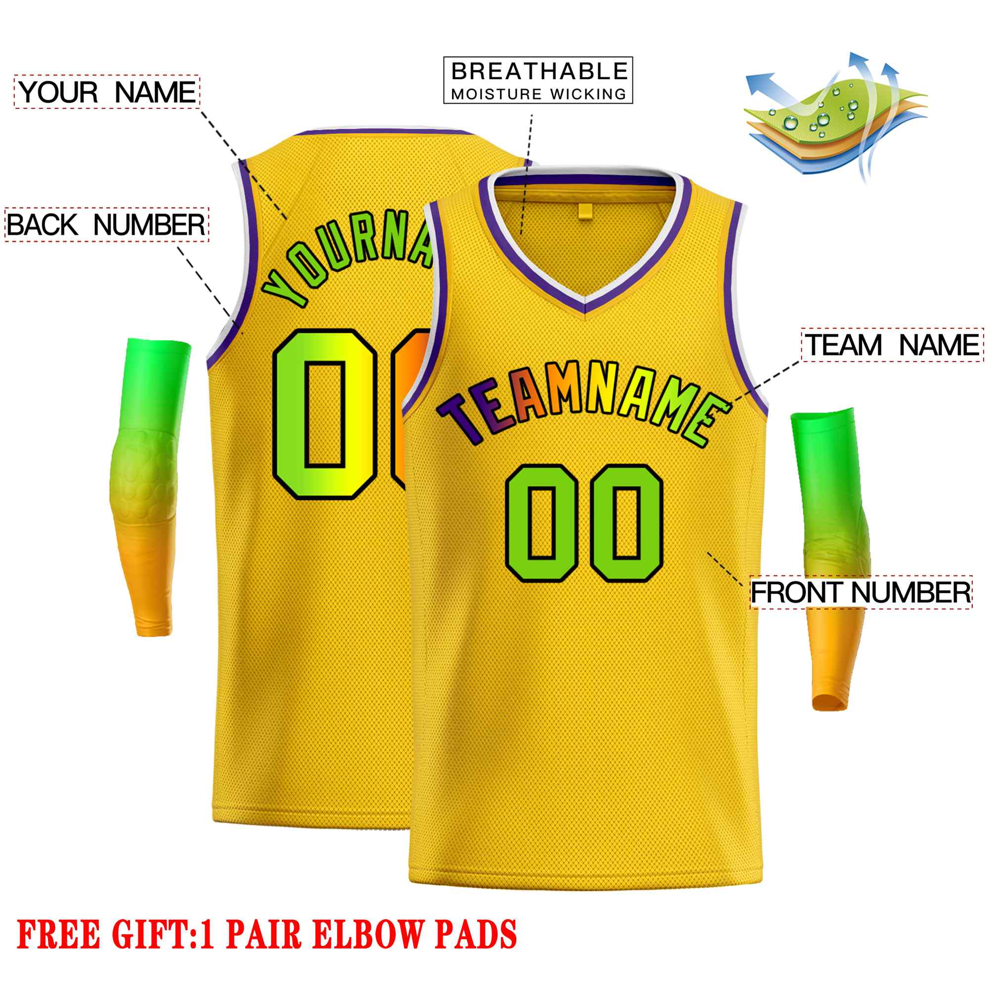 Maillot de basket-ball décontracté pour hommes, haut classique personnalisé jaune vert-noir