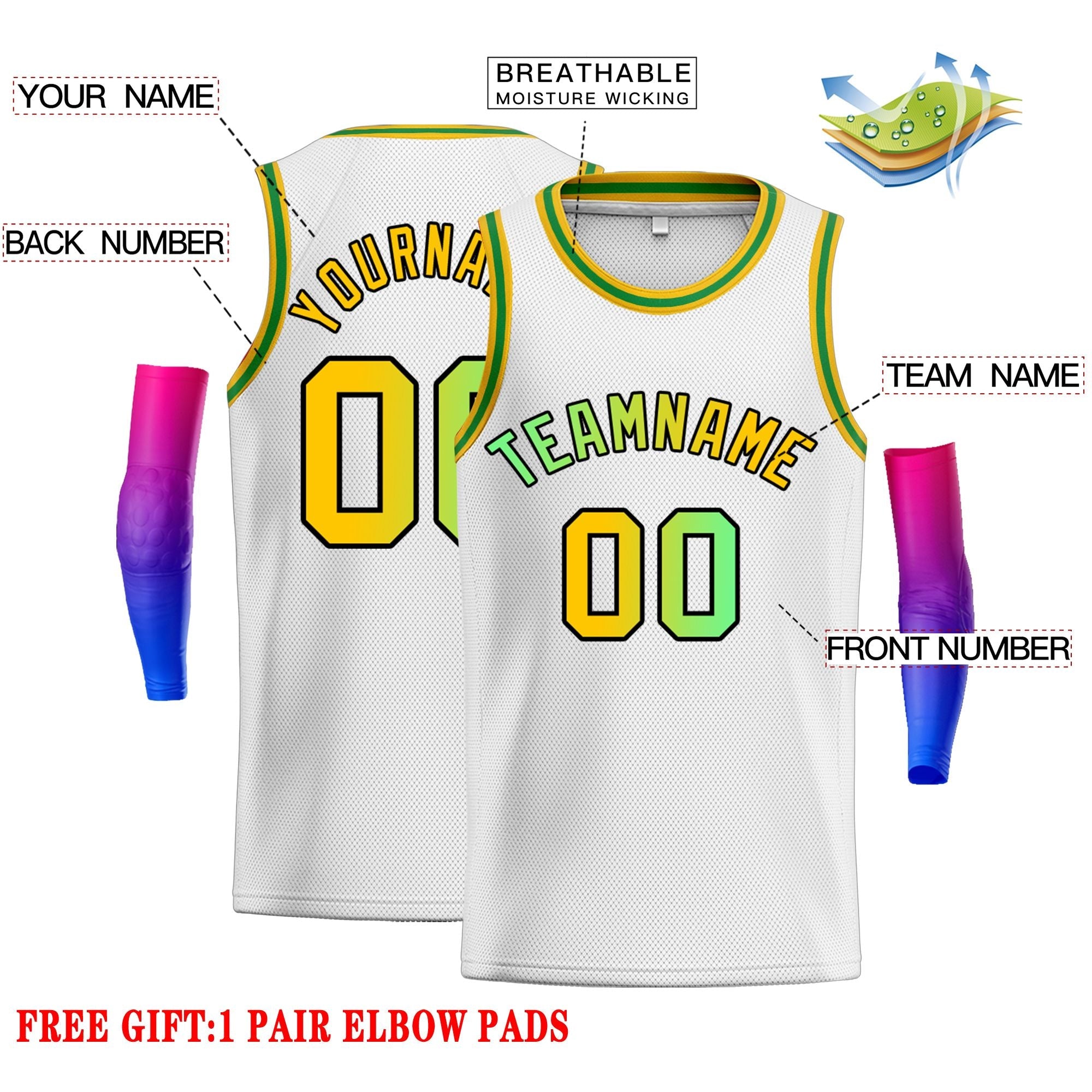 Custom White Green Classic Tops Fonts Gradient Fashion Tops Men Casual Basketball Jersey