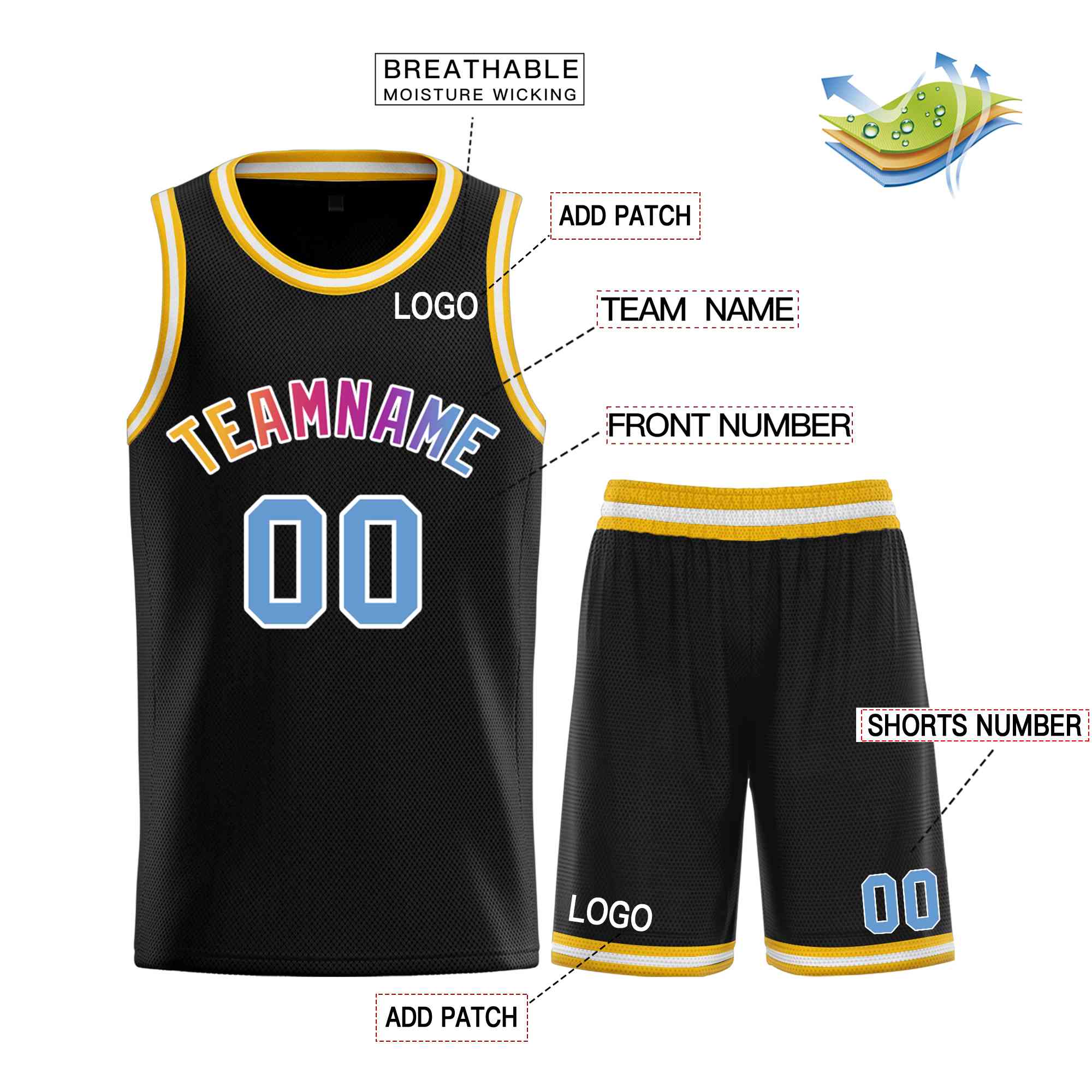 Maillot de basket-ball incurvé personnalisé noir jaune-blanc, ensembles classiques