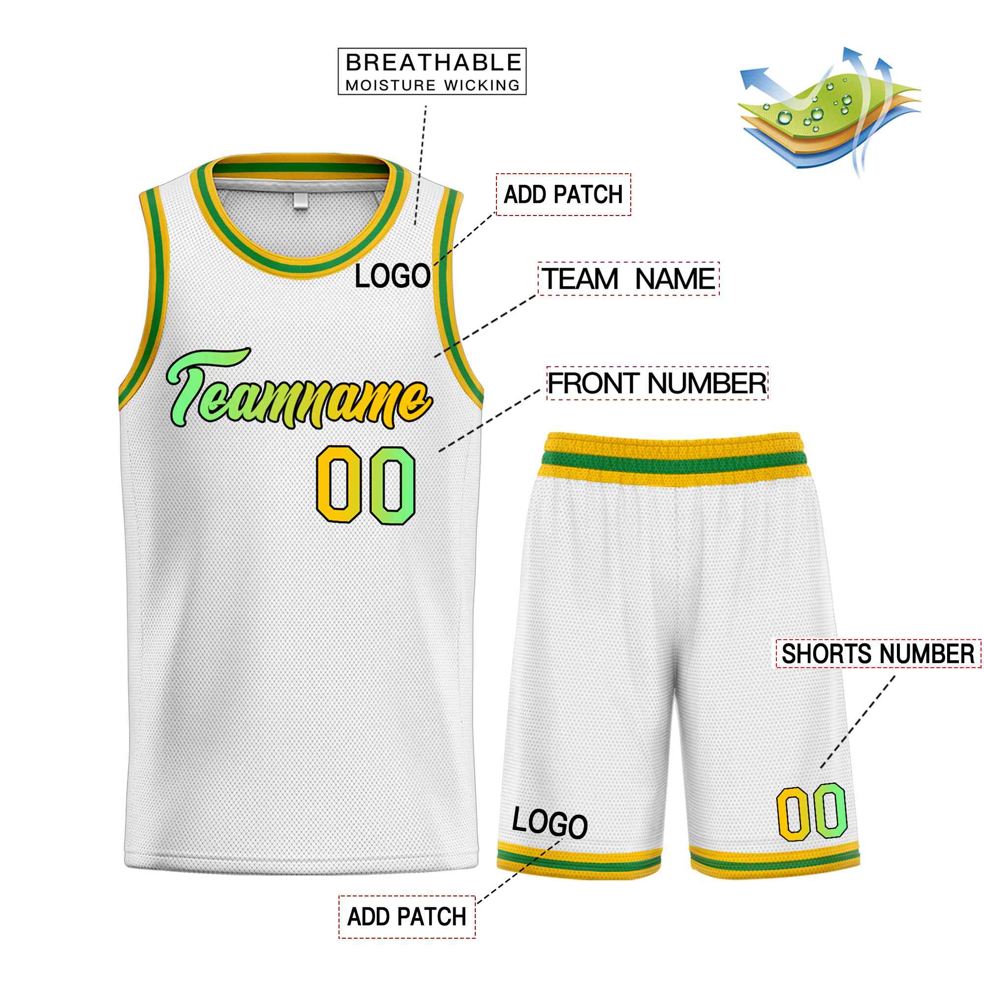 Uniforme de sport personnalisé blanc vert-noir, ensembles classiques de basket-ball, maillot de basket-ball