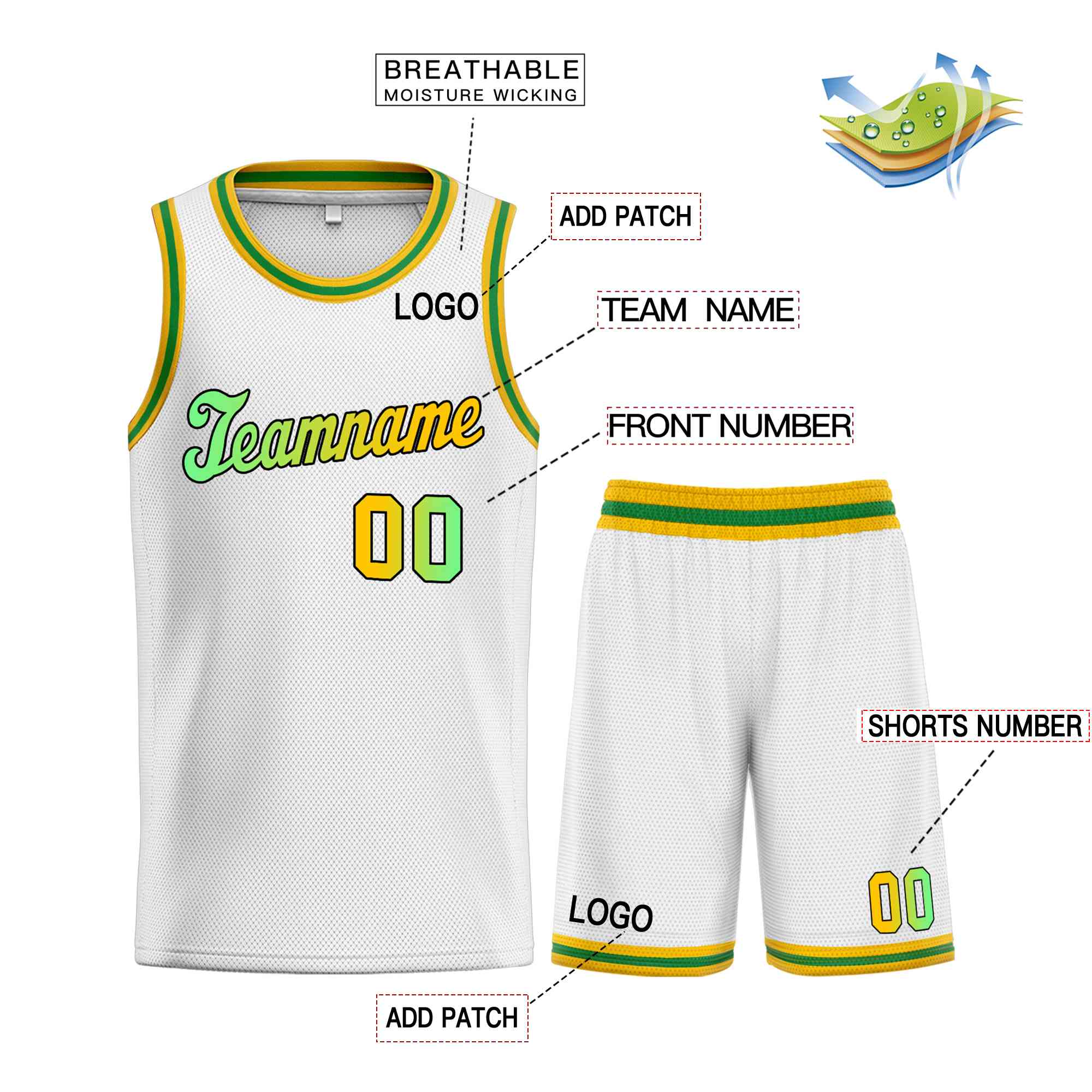 Ensembles classiques personnalisés blanc vert-noir, maillot de basket-ball uniforme de sport