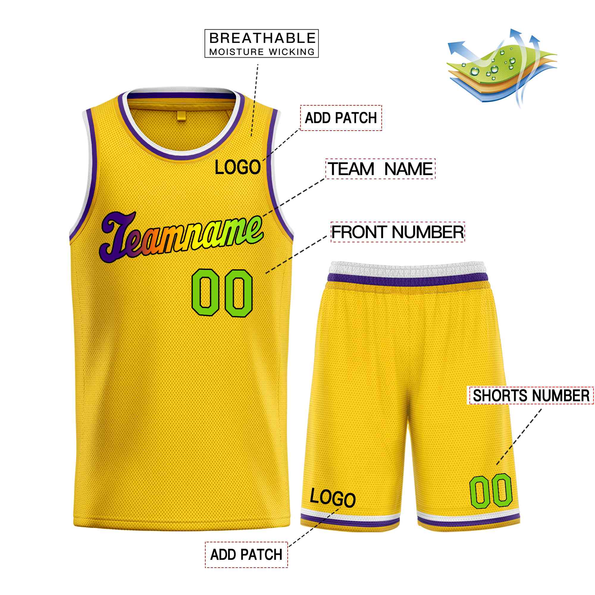 Ensembles classiques jaunes, verts et noirs personnalisés, uniforme de sport, maillot de basket-ball