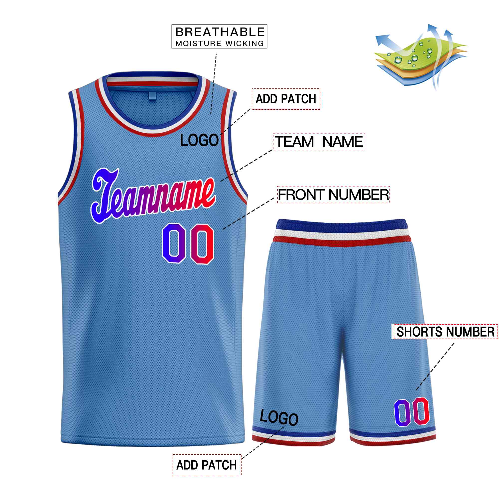 Maillot de basket-ball uniforme de sport, ensembles classiques bleu clair et blanc personnalisé