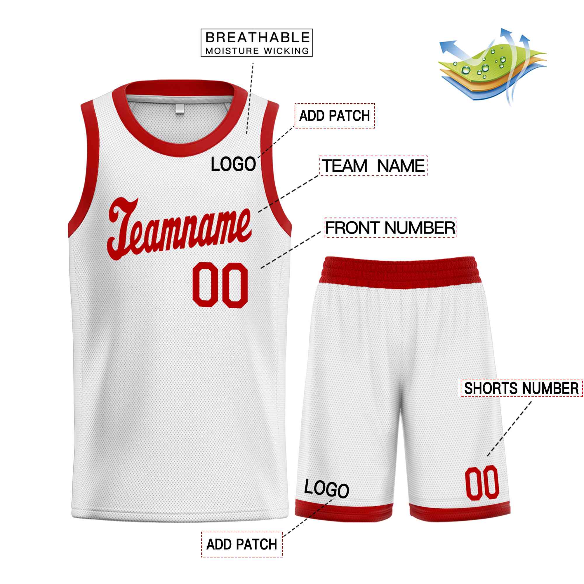 Ensembles classiques rouges et blancs personnalisés, maillot de basket-ball uniforme de sport