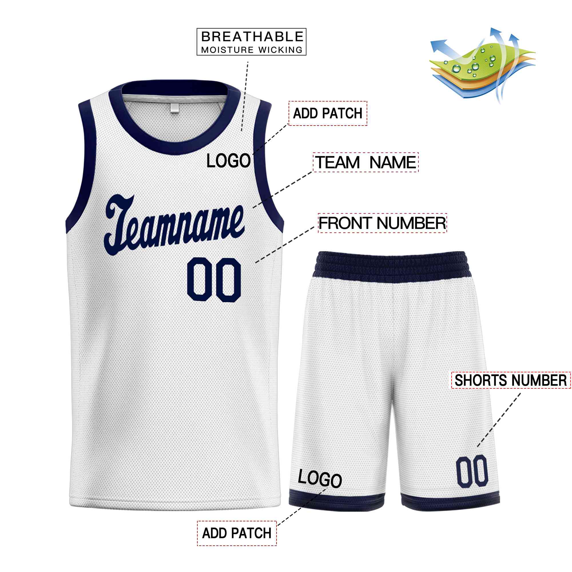 Le classique blanc personnalisé de la marine définit le maillot de basket-ball uniforme de sport