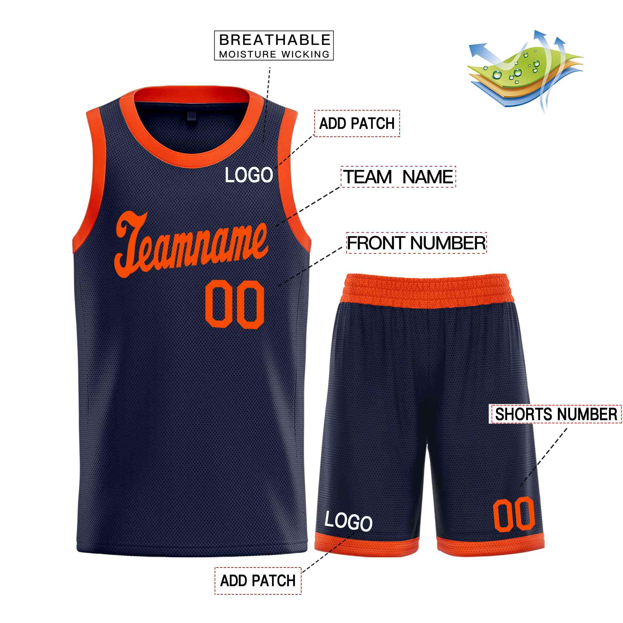 Le classique orange fait sur commande de marine place le maillot uniforme de basket-ball de sports