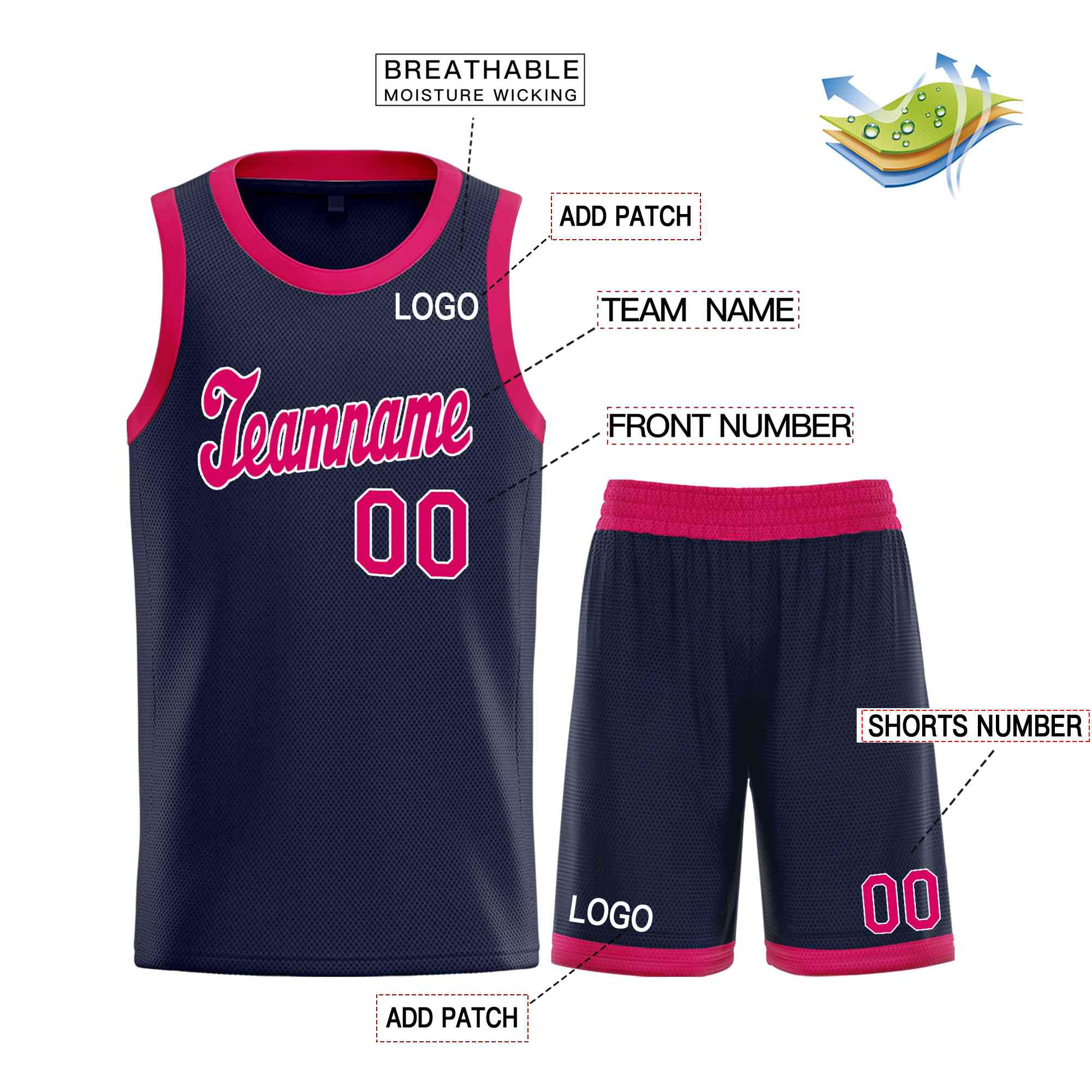 Ensembles classiques rose-blanc marine personnalisés, maillot de basket-ball uniforme de sport