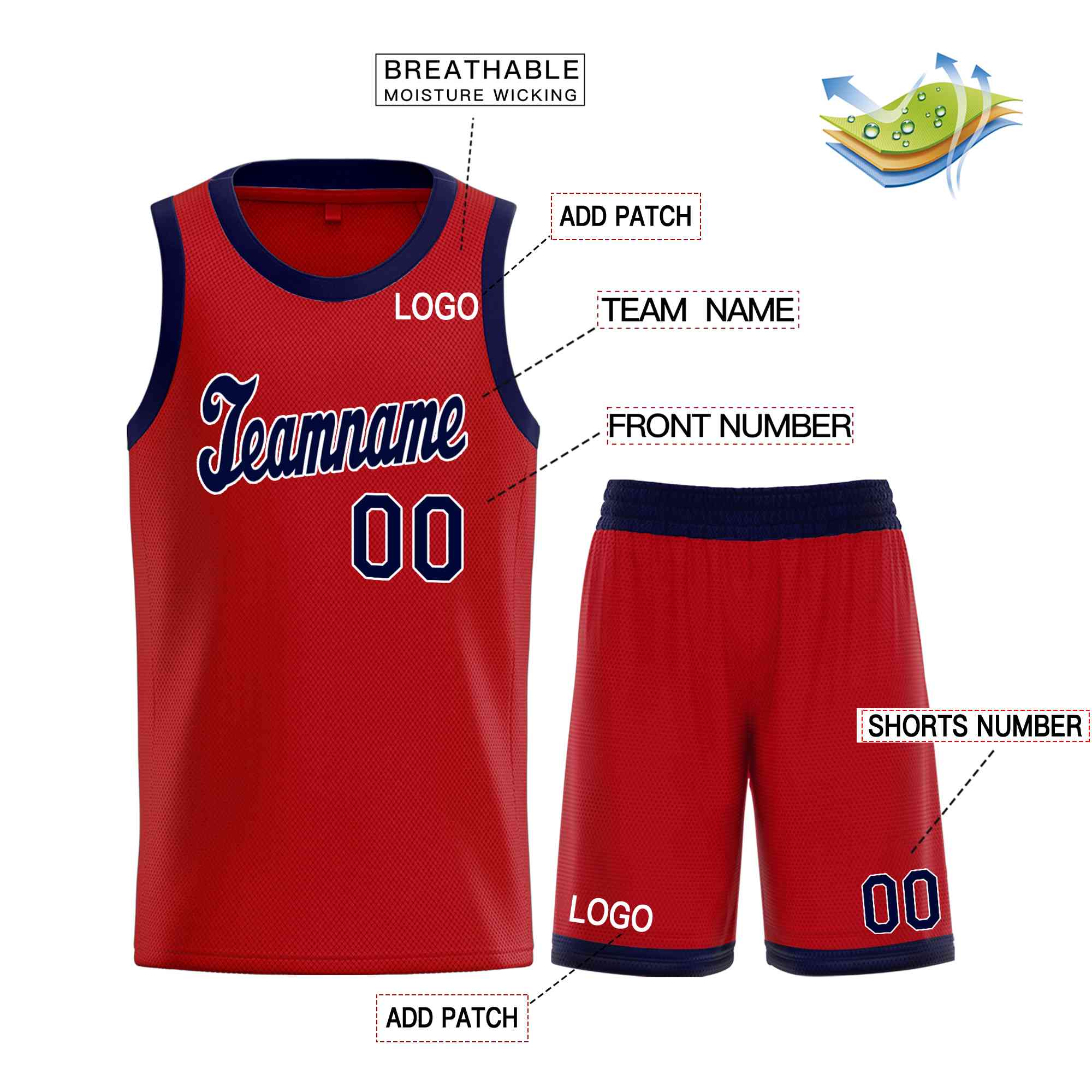 Ensembles classiques de la marine rouge personnalisés, maillot de basket-ball uniforme de sport