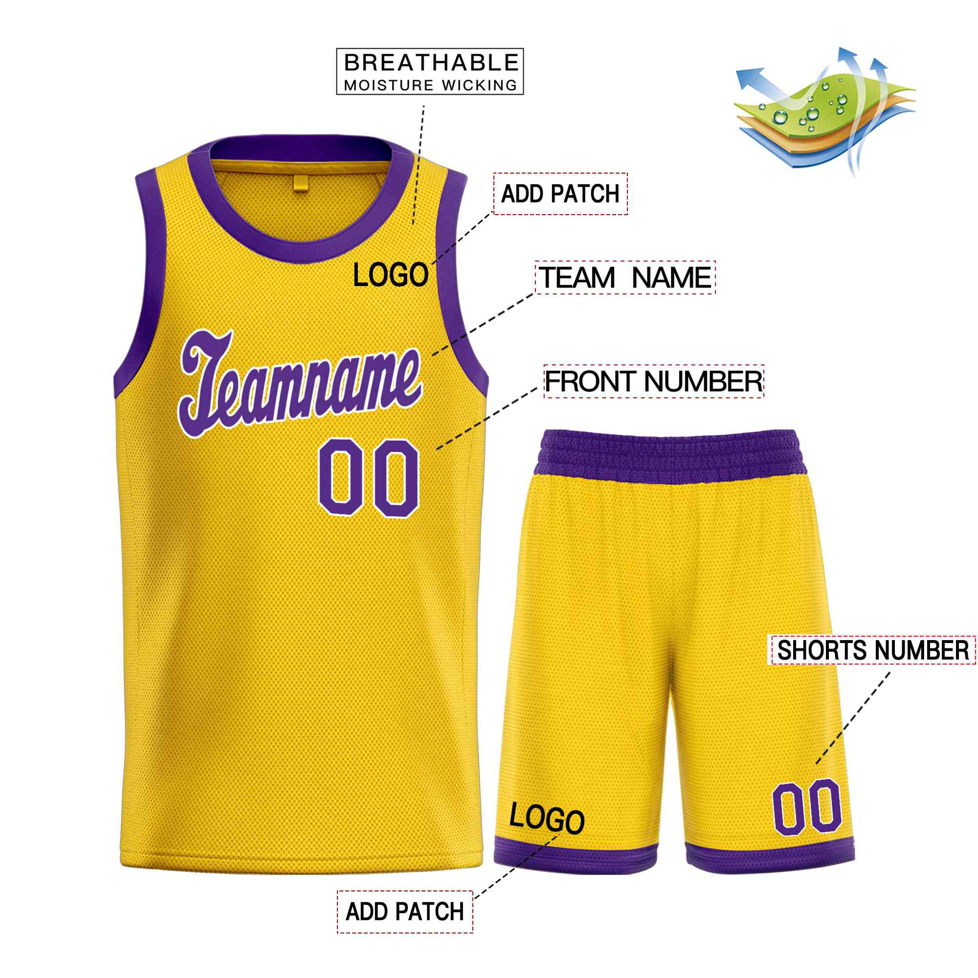 Ensembles classiques jaune violet-blanc personnalisés, maillot de basket-ball uniforme de sport