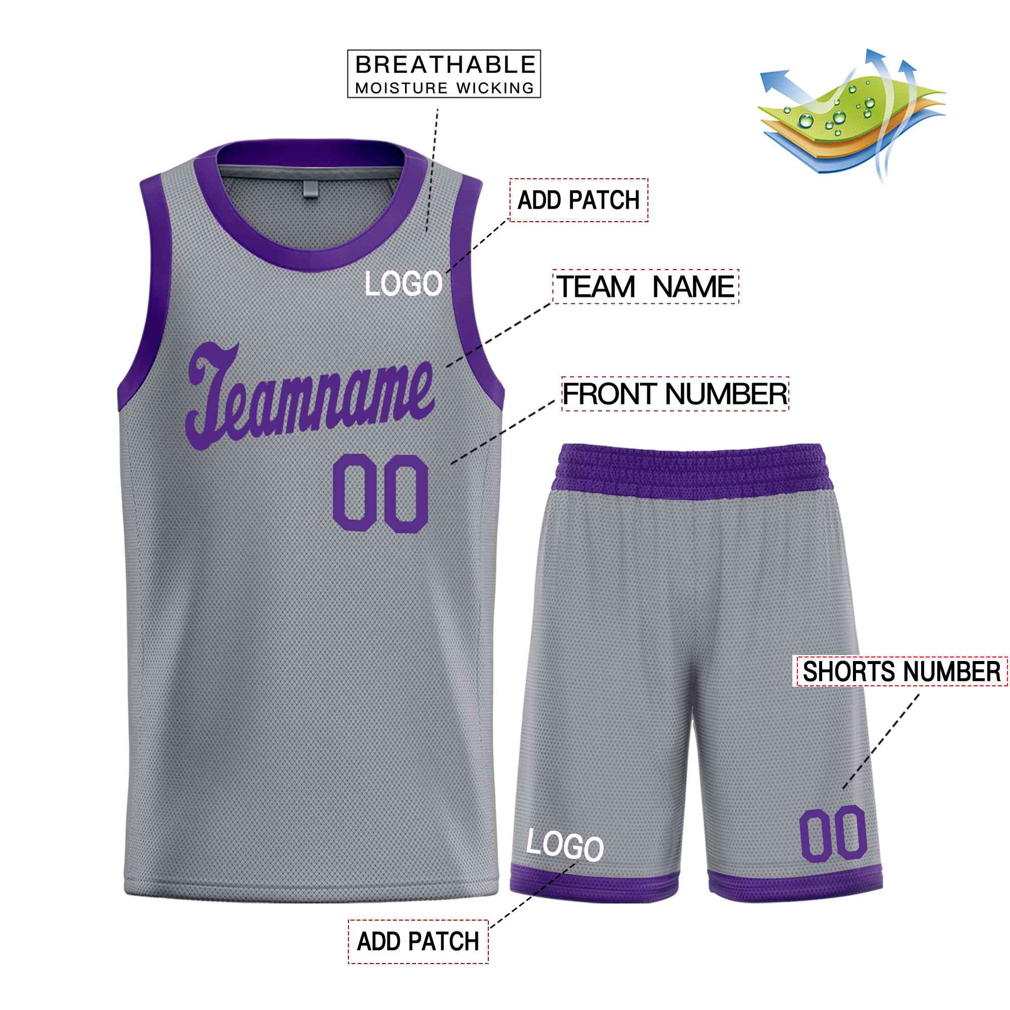 Le classique violet gris foncé personnalisé définit le maillot de basket-ball uniforme de sport