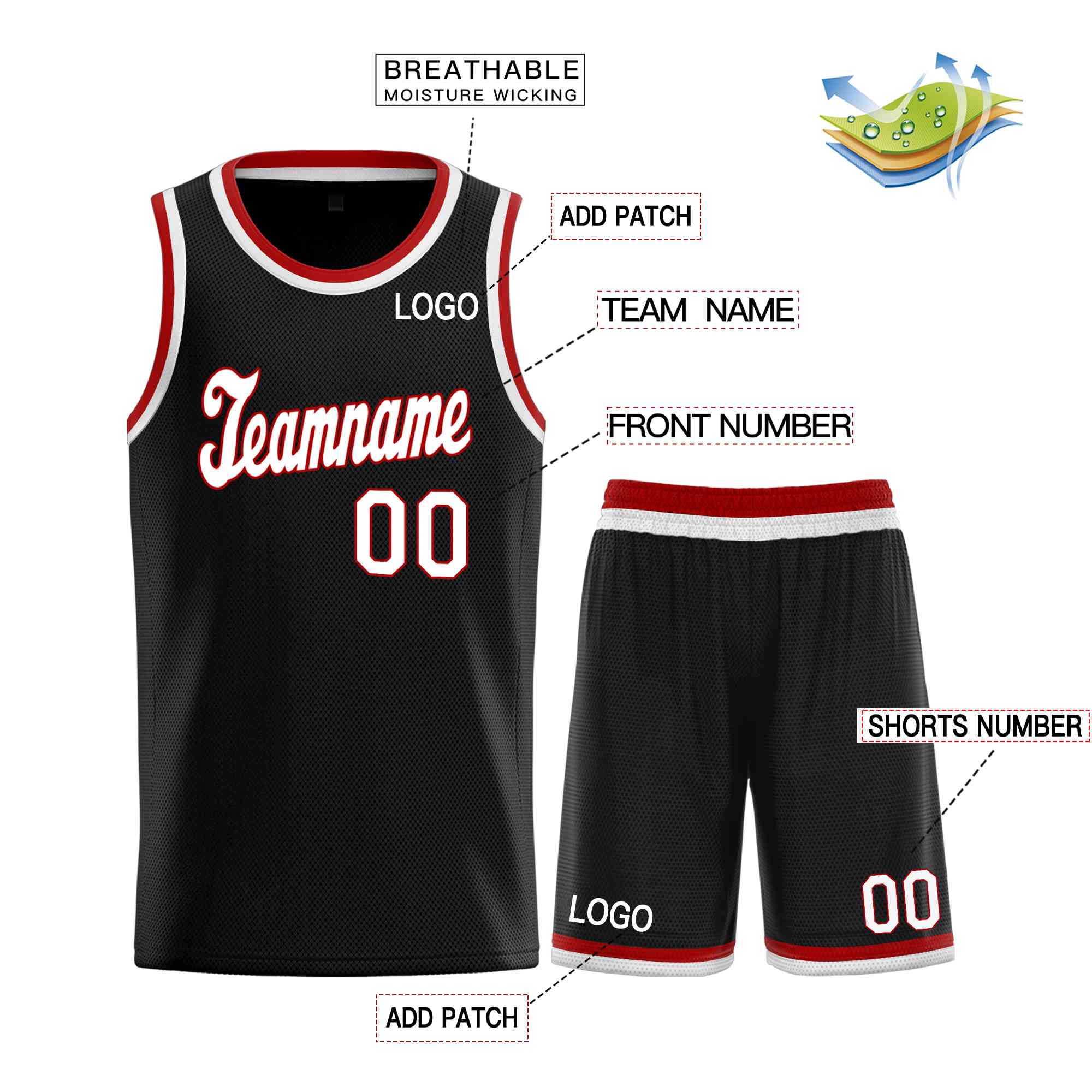 Ensembles classiques noirs rouges-rouges personnalisés, maillot de basket-ball uniforme de sport