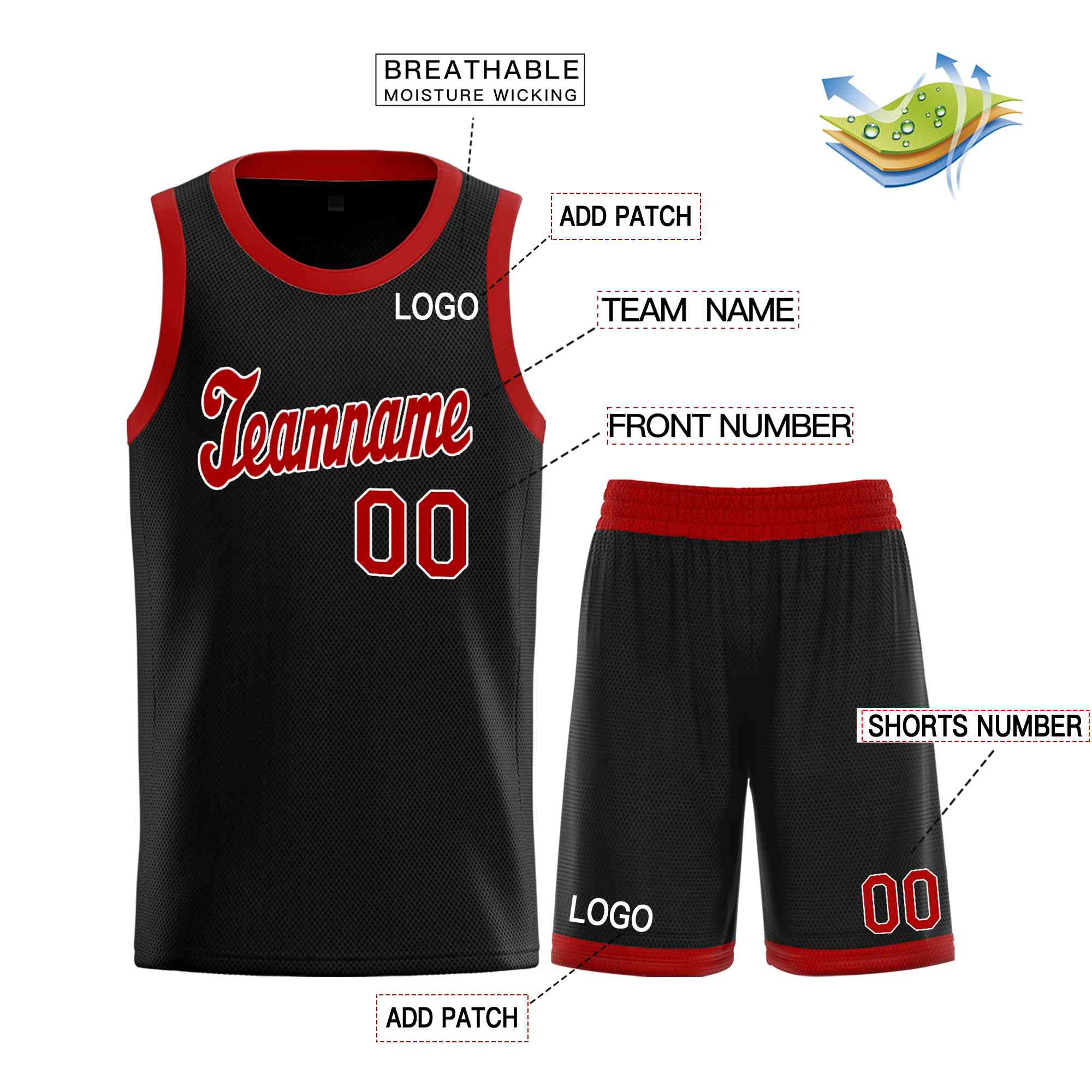 Ensembles classiques noirs rouges et blancs personnalisés, maillot de basket-ball uniforme de sport