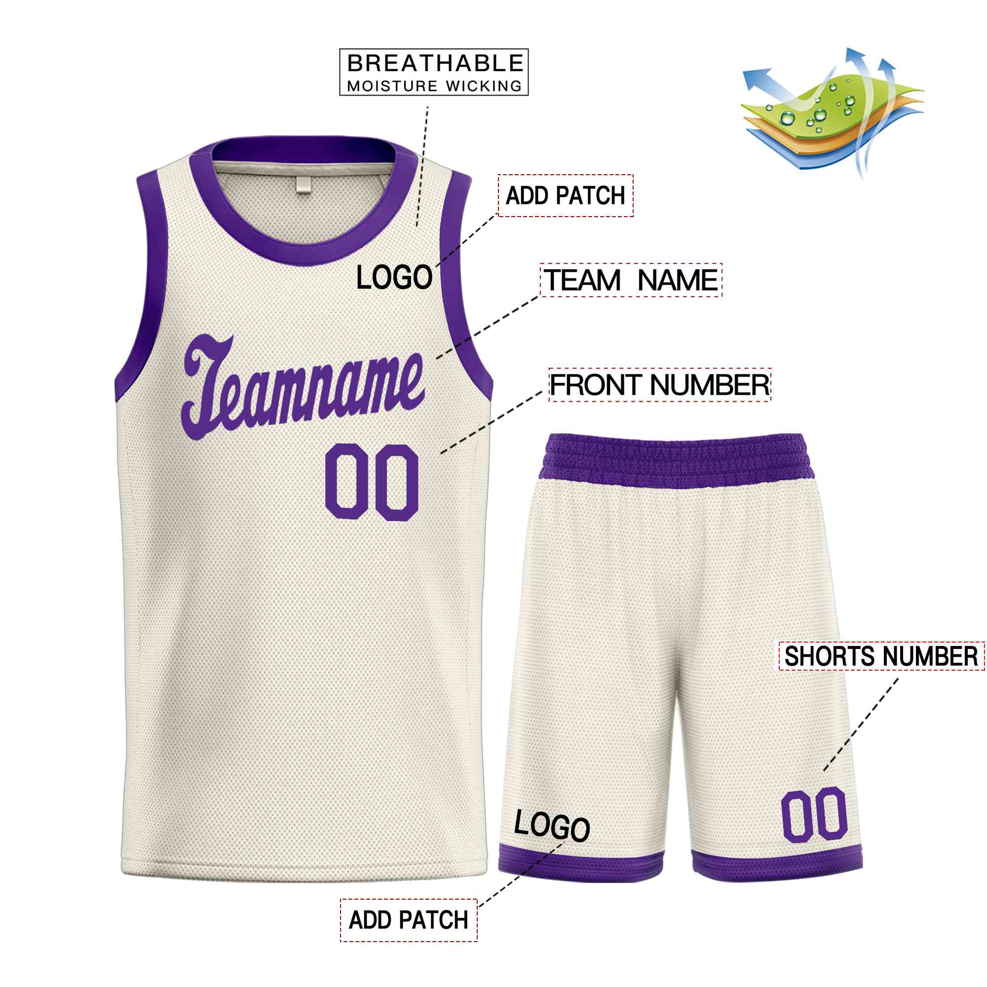 Le classique violet crème personnalisé définit le maillot de basket-ball uniforme de sport