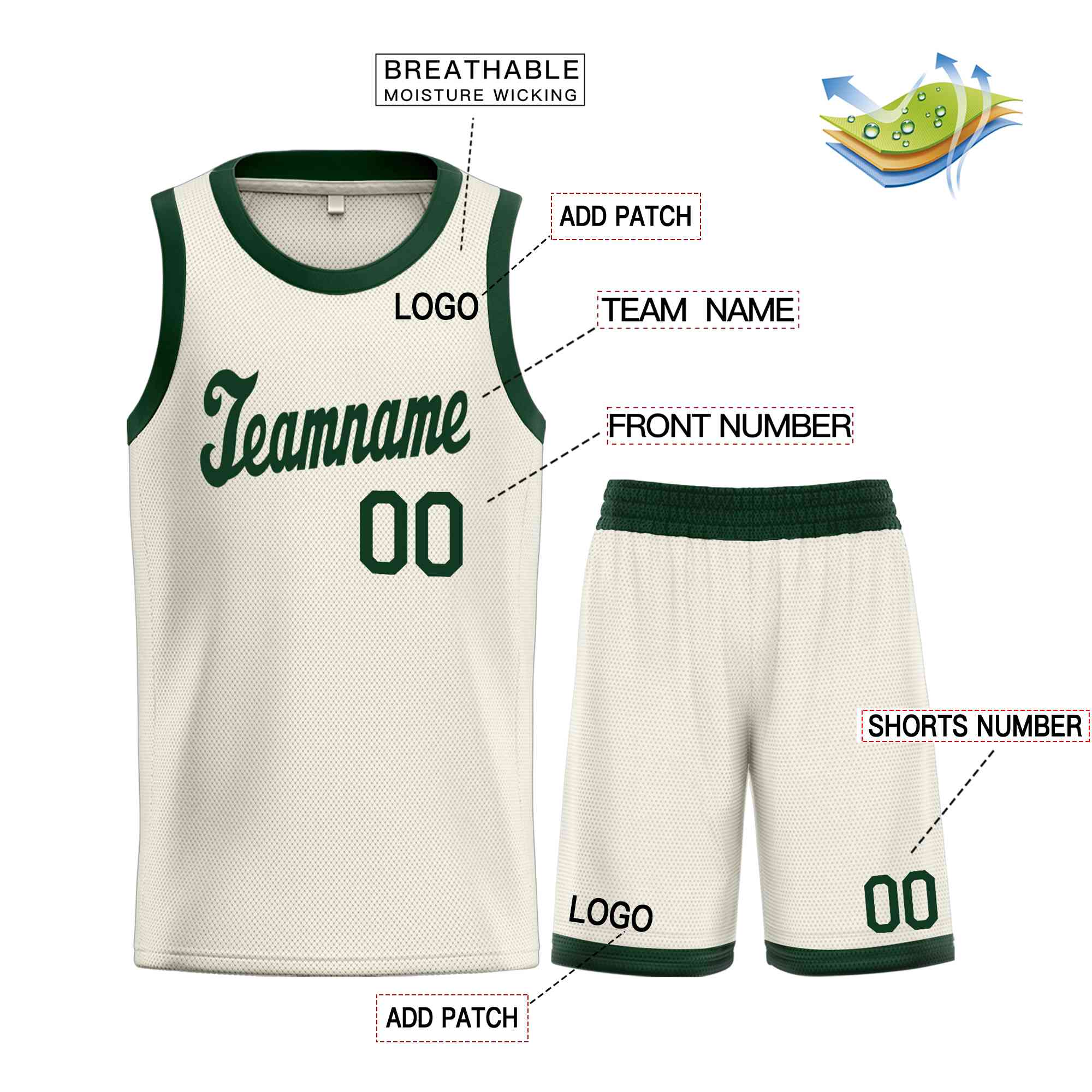 Ensembles classiques vert crème personnalisés, maillot de basket-ball uniforme de sport