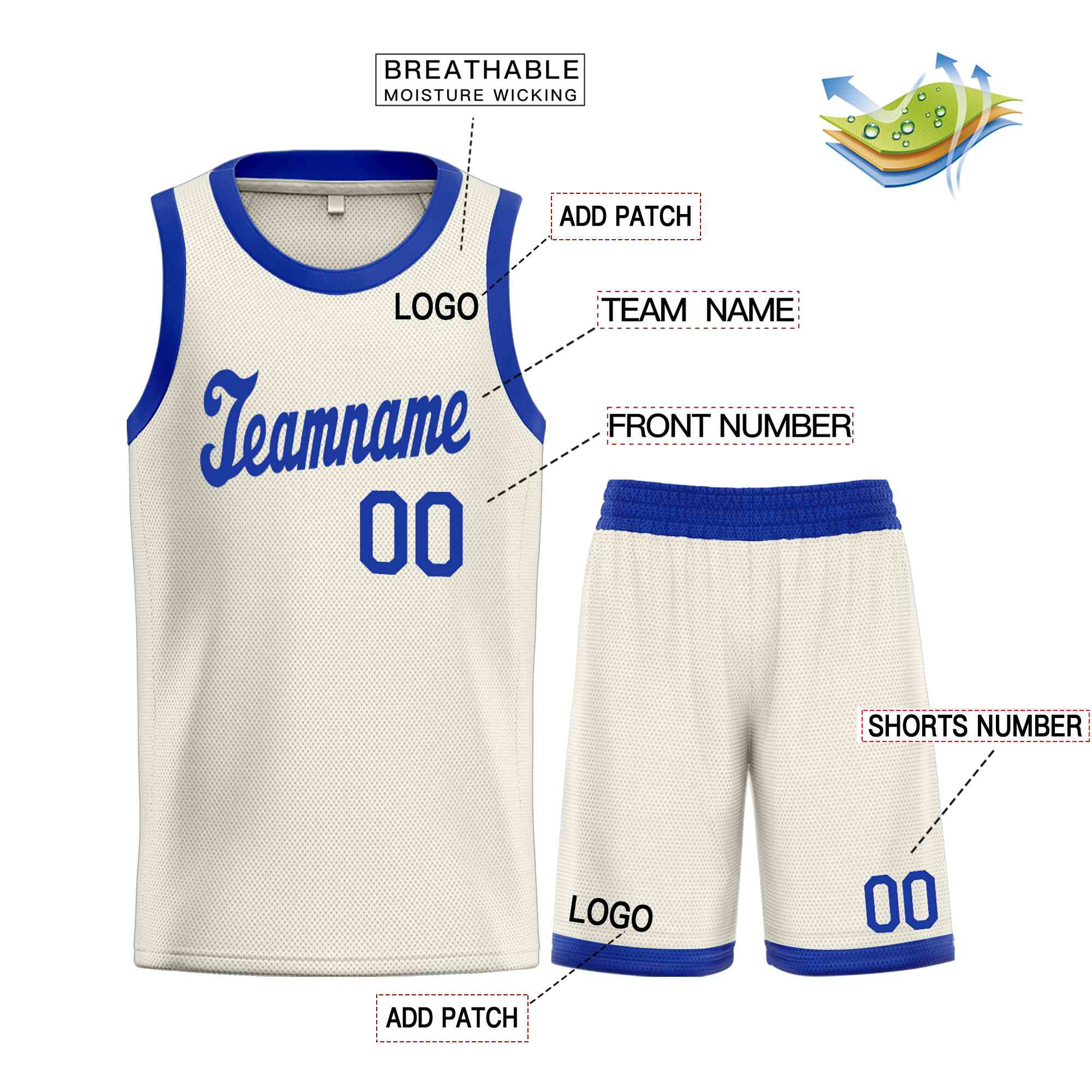 Crème personnalisée Royal Classic définit un maillot de basket-ball uniforme de sport