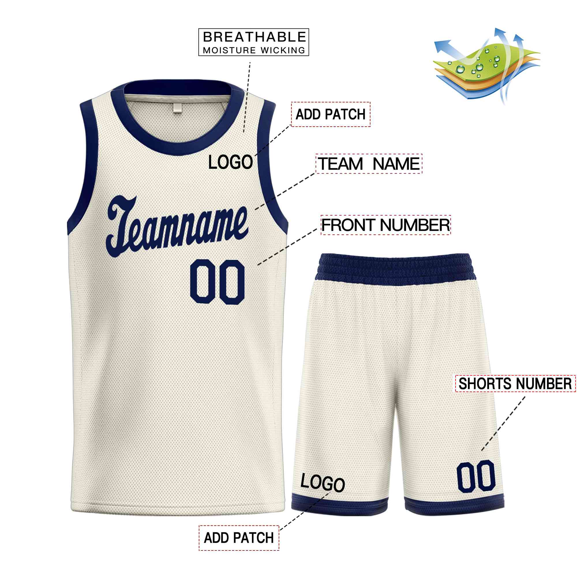 Le classique de la marine crème personnalisé définit le maillot de basket-ball uniforme de sport