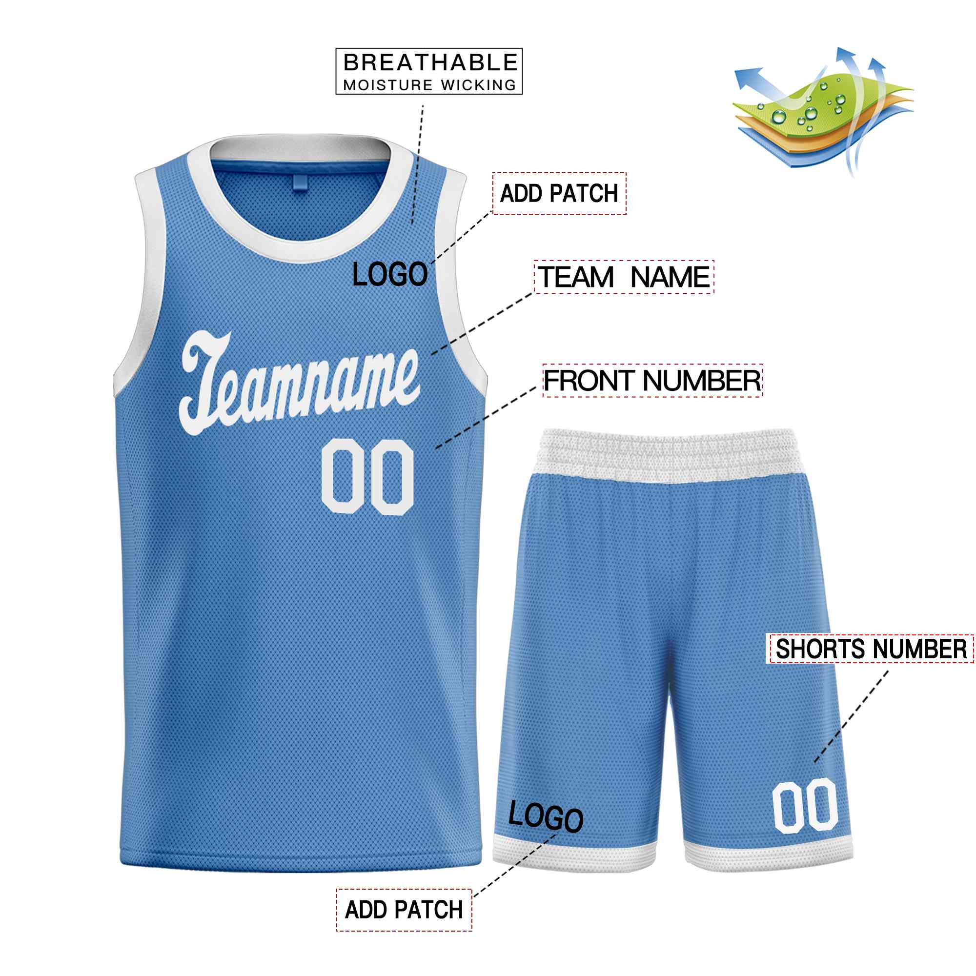 Le classique blanc bleu clair personnalisé définit le maillot de basket-ball uniforme de sport