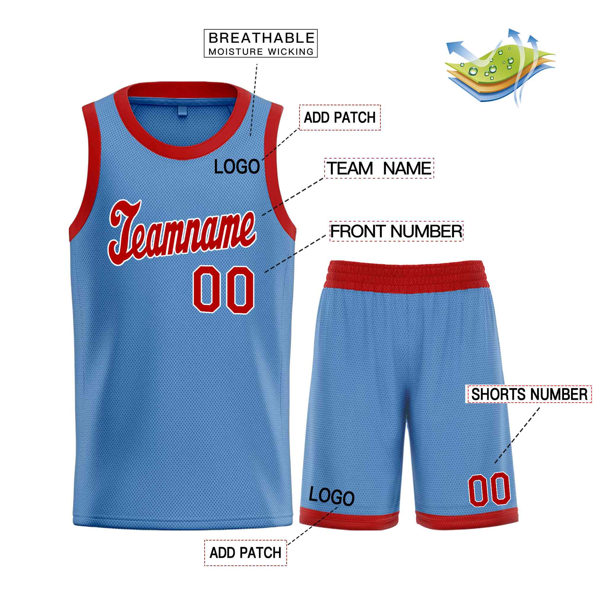 Ensembles classiques bleu clair rouge-blanc personnalisés, maillot de basket-ball uniforme de sport