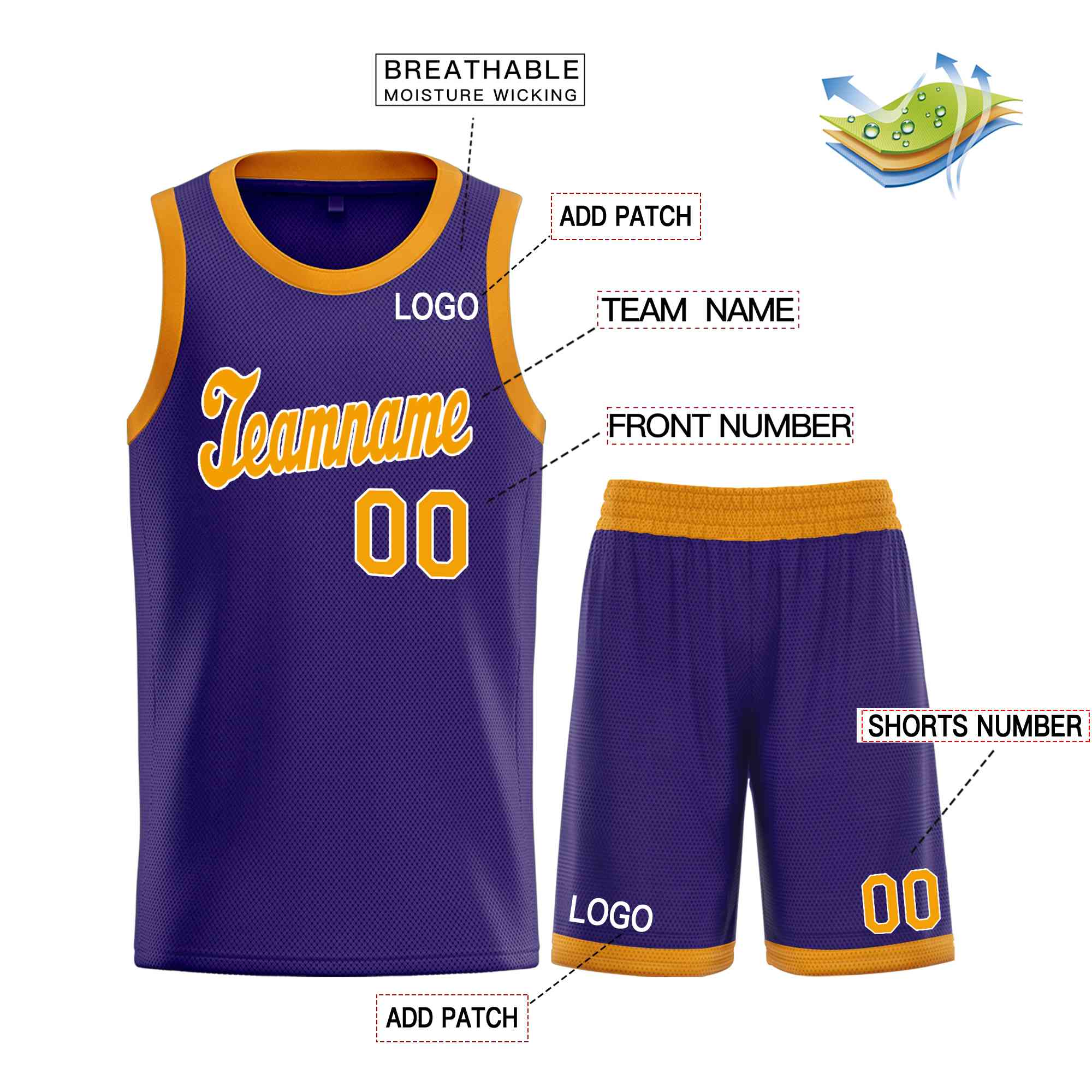 Custom Purple Yellow-White Classic Sets Sports Uniform Basketball Jersey