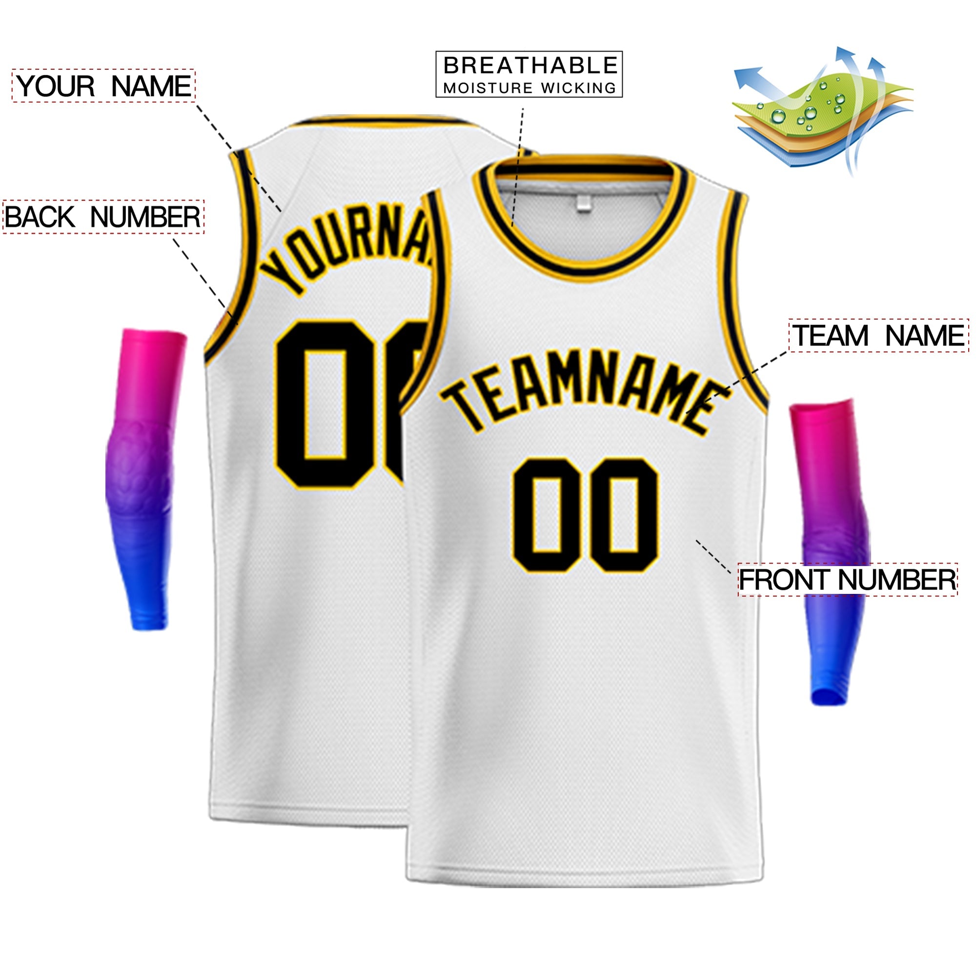 Custom White Black-Yellow Classic Tops Sport Game Basketball Jersey