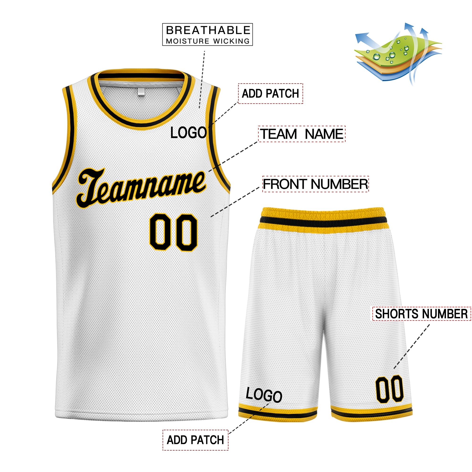 Maillot de basket-ball personnalisé blanc jaune-noir, ensembles classiques