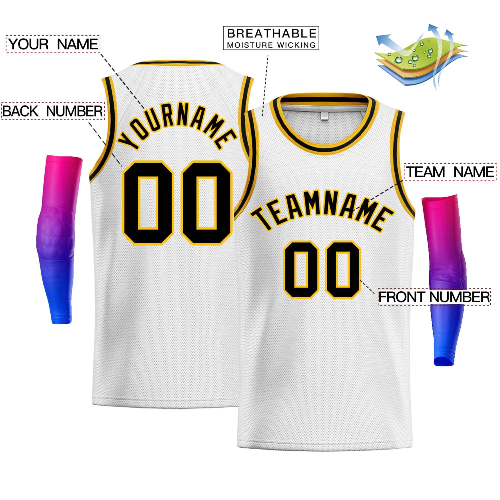 Maillot de basket-ball Bull, personnalisé, blanc, jaune-noir, classique, décontracté, pour hommes