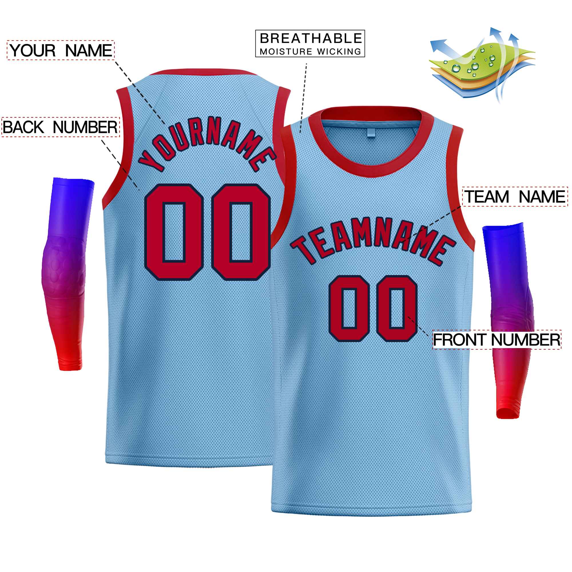 Custom Light Blue Navy-Red Classic Tops Men Casual Bull Basketball Jersey