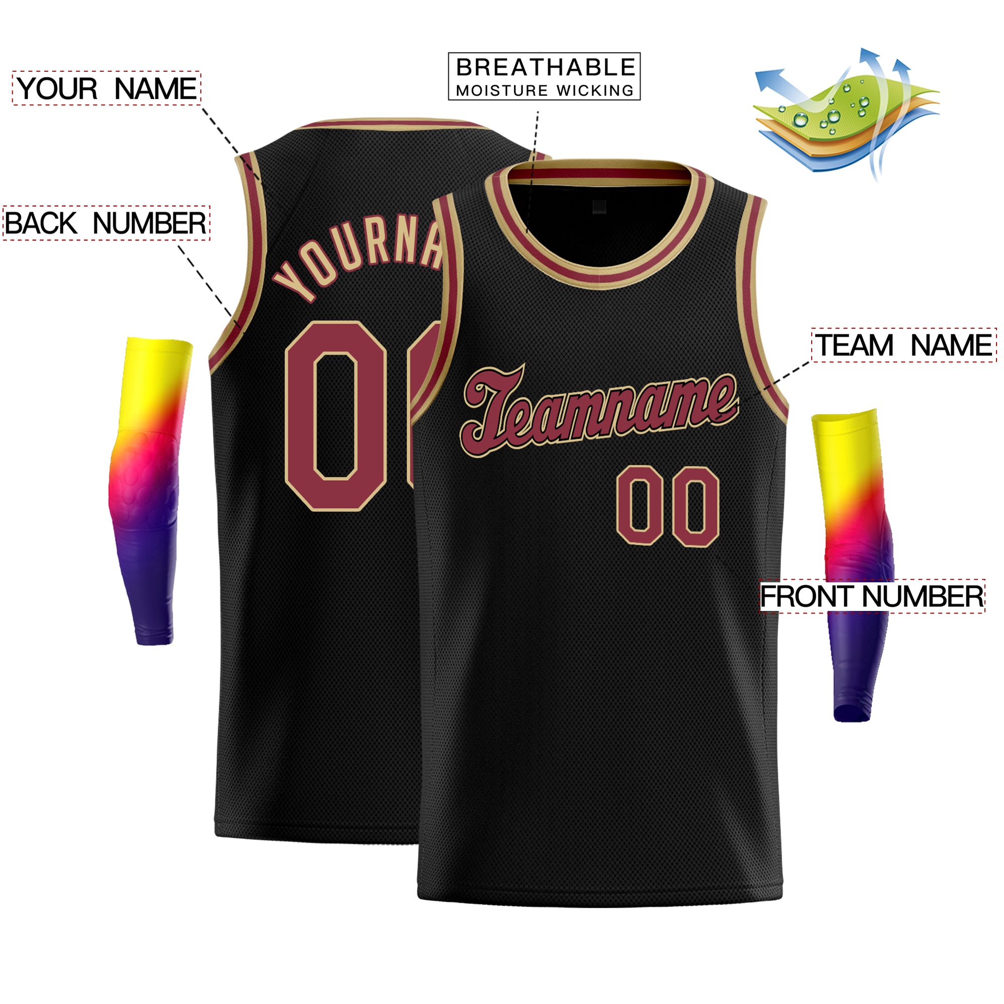 Custom Black Gold-Red Classic Tops Men/Boy Athletic Basketball Jersey