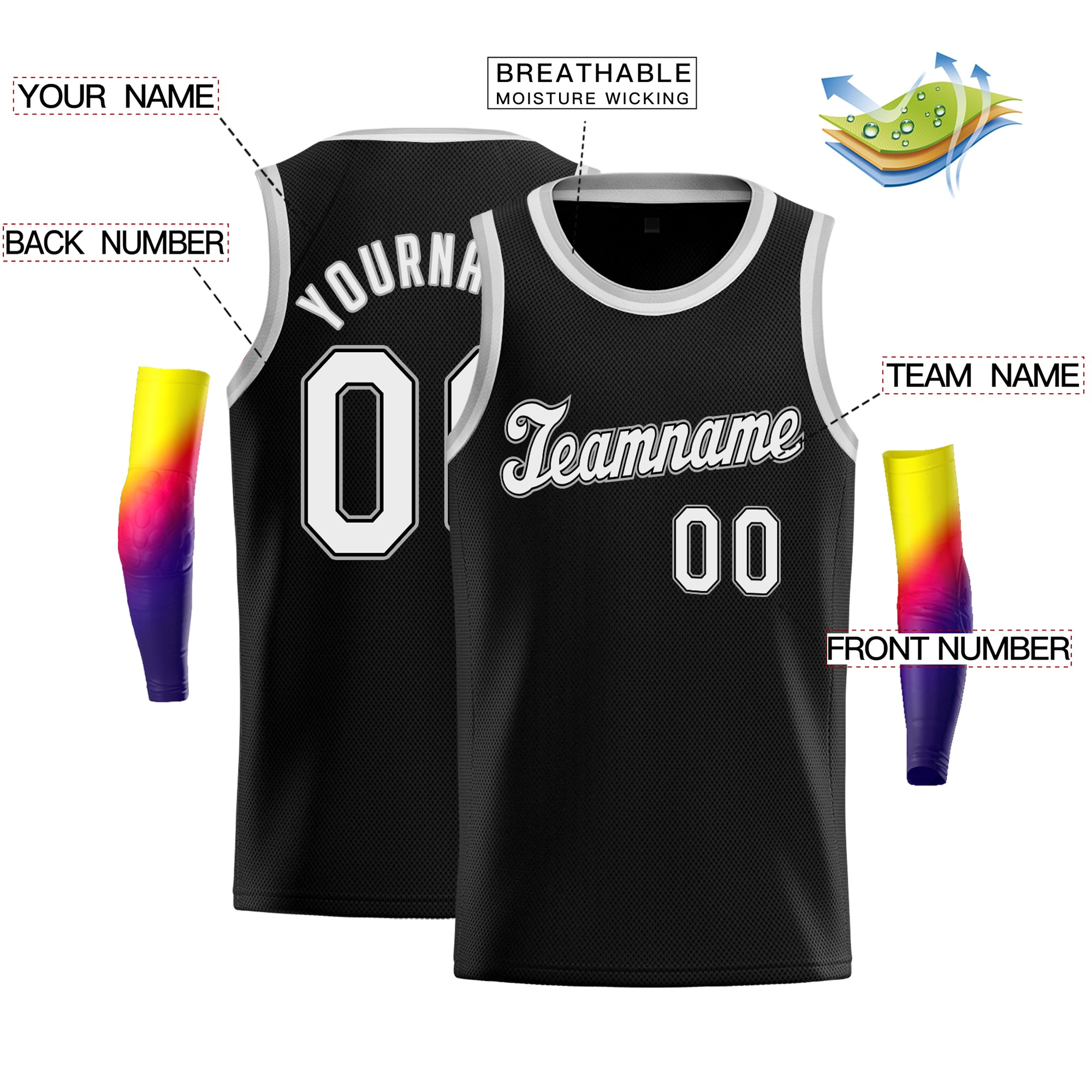 Maillot de basket-ball de jeu de sport, haut classique noir et blanc personnalisé