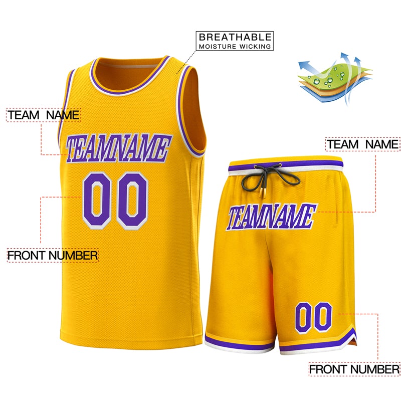 Maillot de basket-ball personnalisé jaune violet-blanc, ensembles classiques