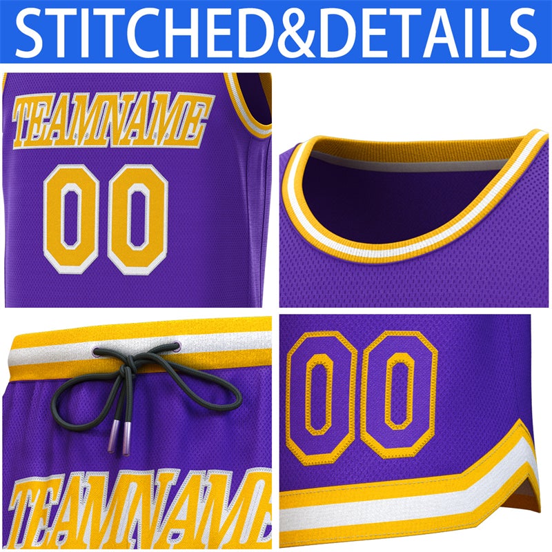 Maillot de basket-ball personnalisé violet jaune-blanc jaune, ensembles classiques