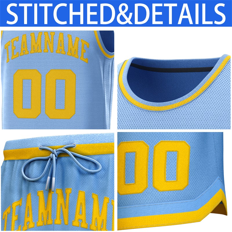 Maillot de basket-ball personnalisé, bleu clair, jaune, ensembles classiques