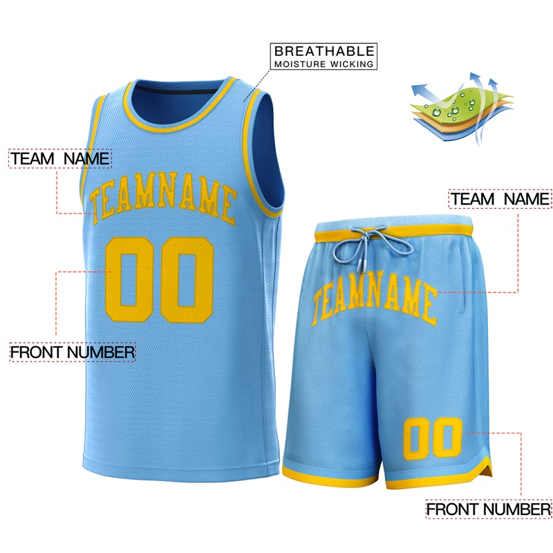 Maillot de basket-ball personnalisé, bleu clair, jaune, ensembles classiques