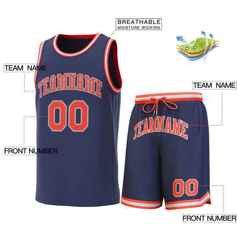 Maillot de basket-ball personnalisé bleu marine orange-gris, ensembles classiques