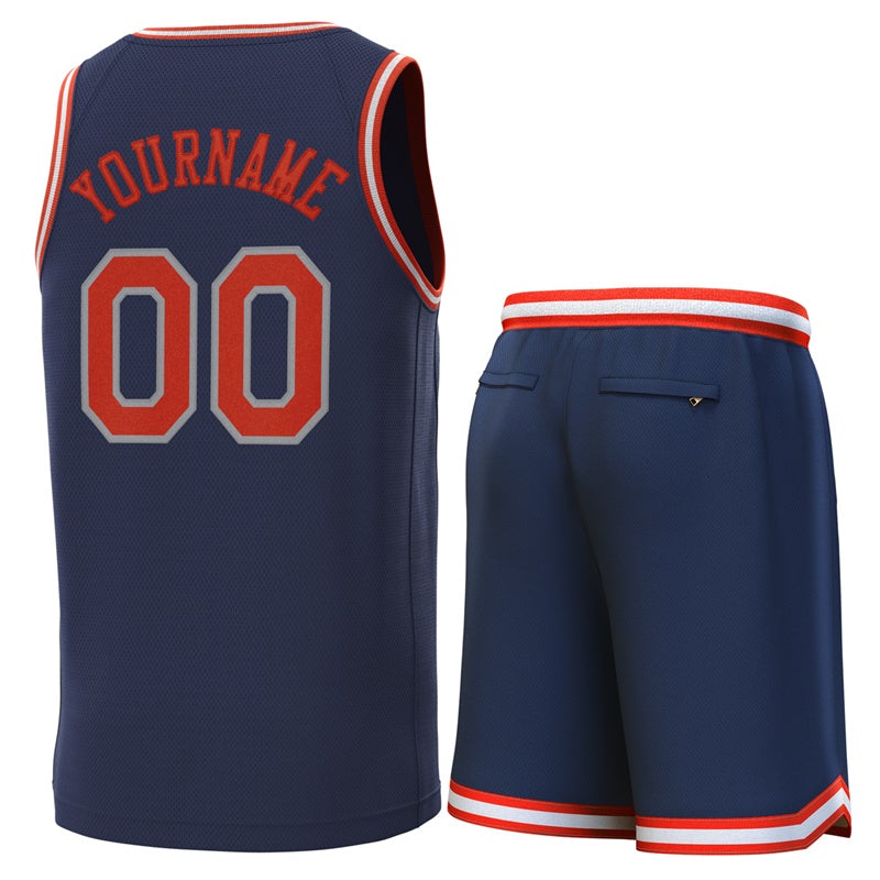 Maillot de basket-ball personnalisé bleu marine orange-gris, ensembles classiques